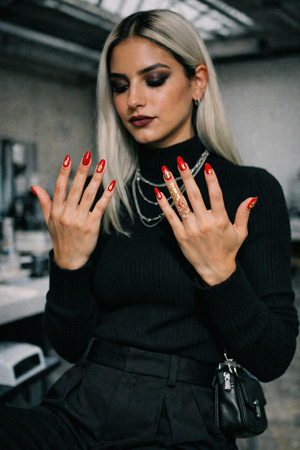 Chinese New Year nails with sleek red and gold blossom details