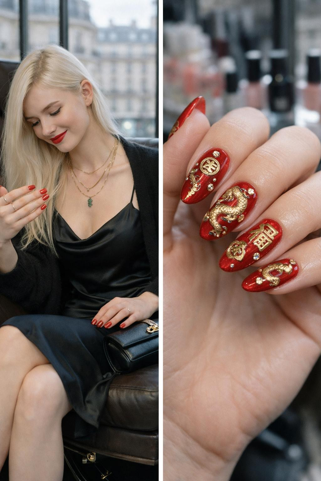 Chinese New Year nails with luxe crimson and hand-painted gold symbols