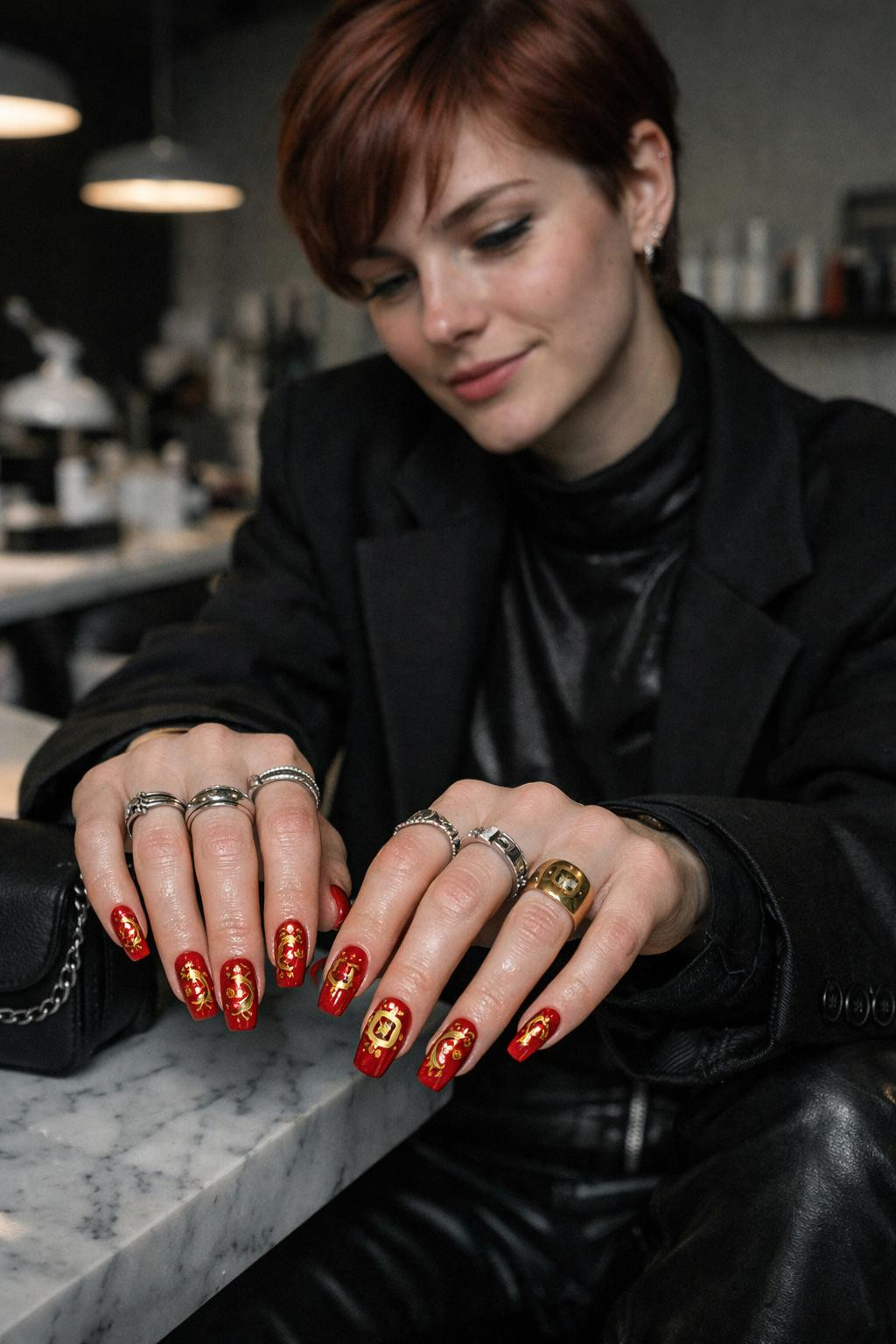 Chinese New Year nails with bold crimson gel and gold dragons