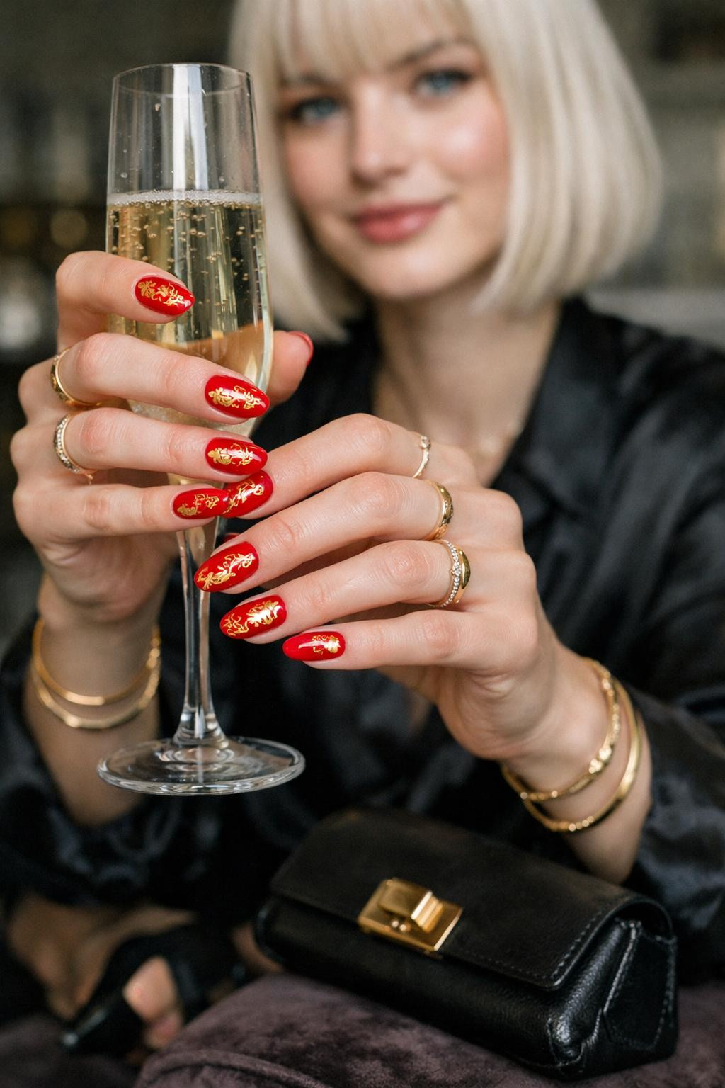 Chinese New Year nails featuring crimson and gold dragon motifs