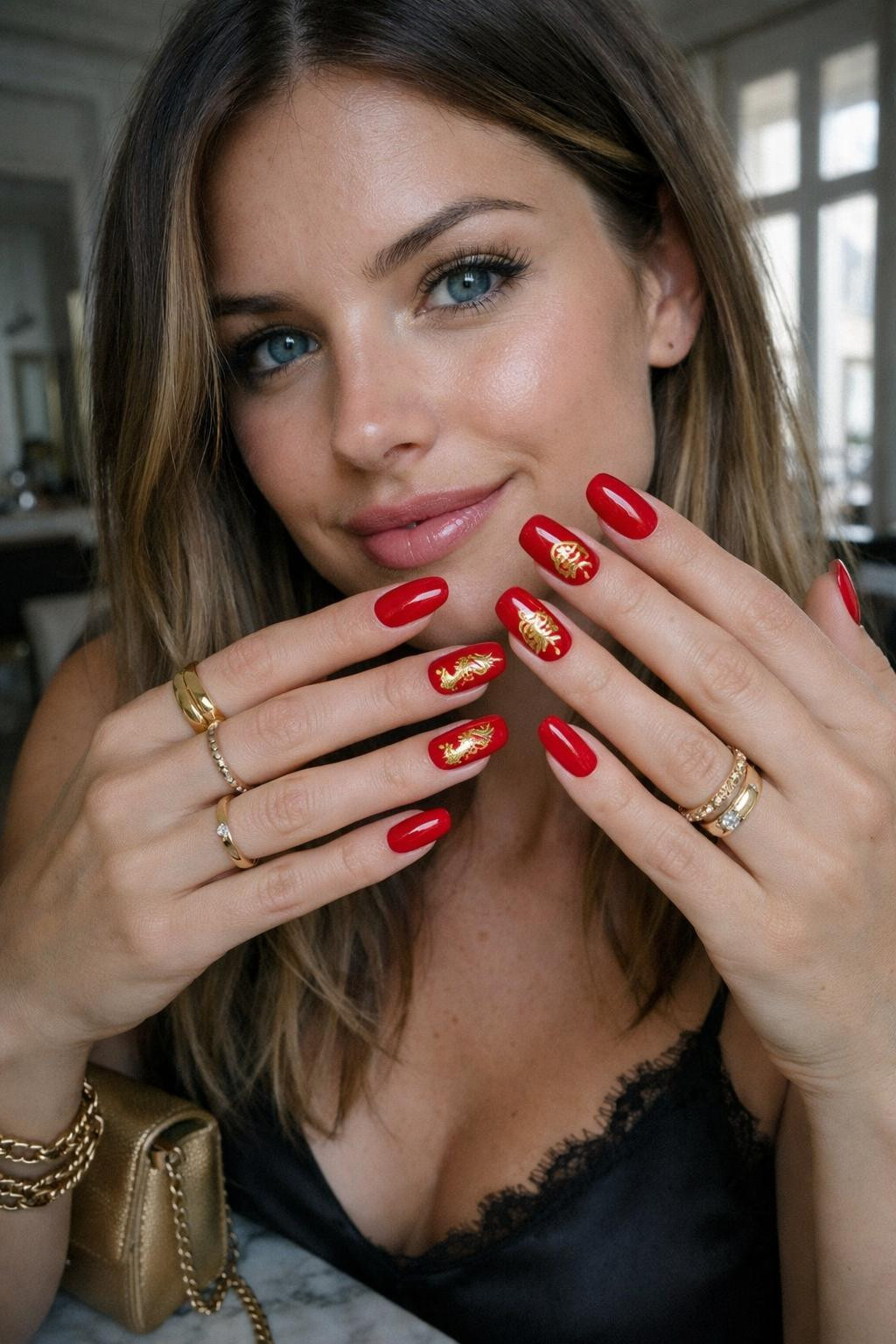 Chinese New Year nails with glossy red and gold foil dragons