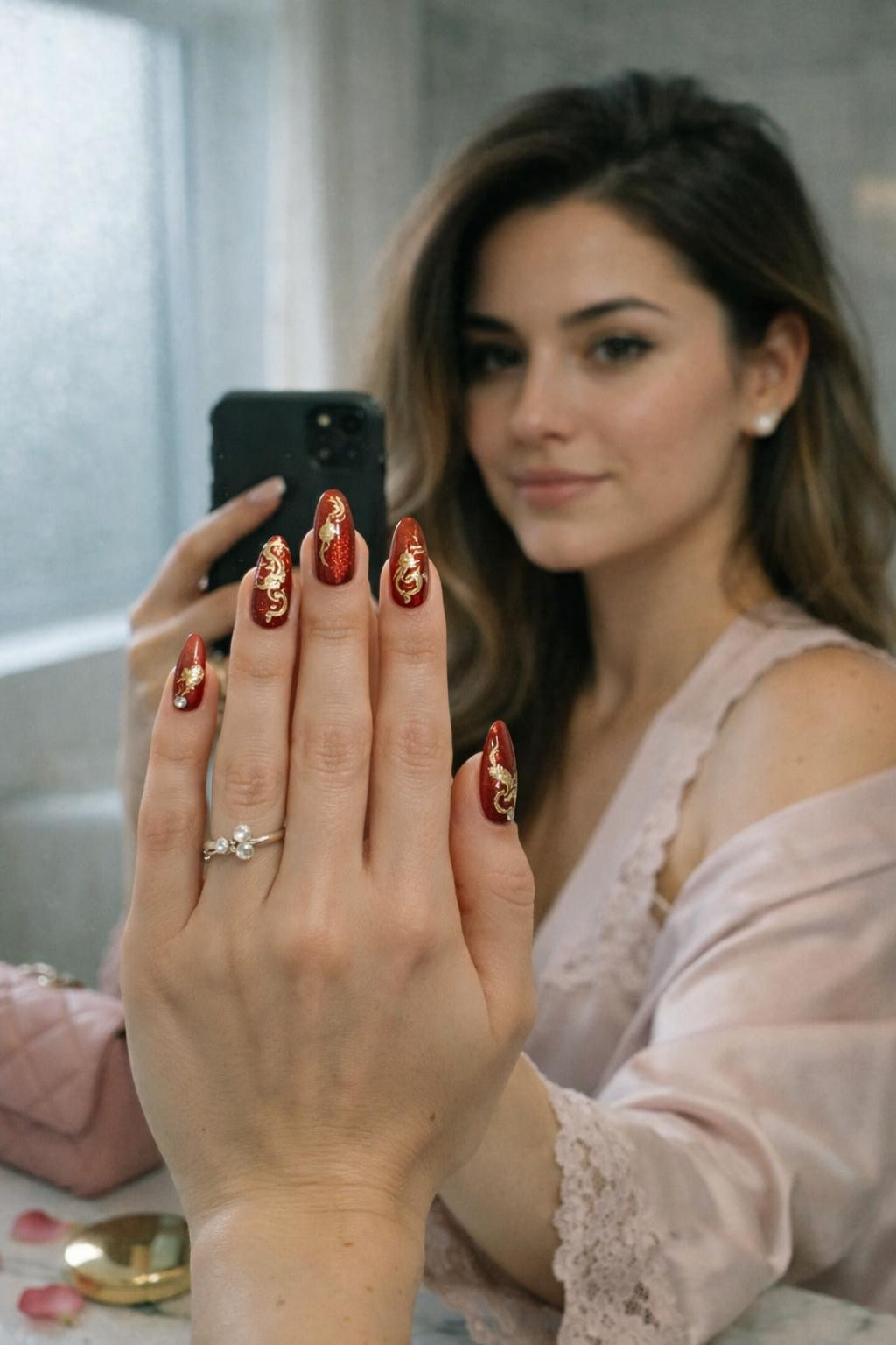 Chinese New Year nails featuring festive gold symbols and red base