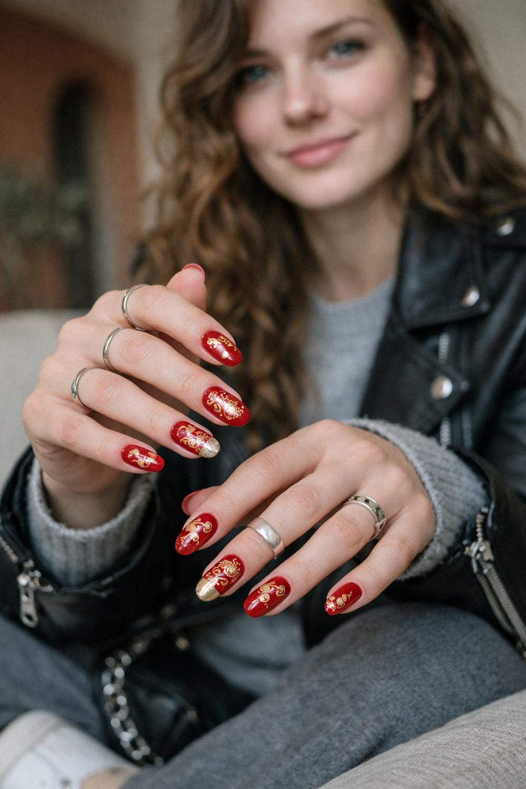 Chinese New Year nails with glossy lucky red and gold foil