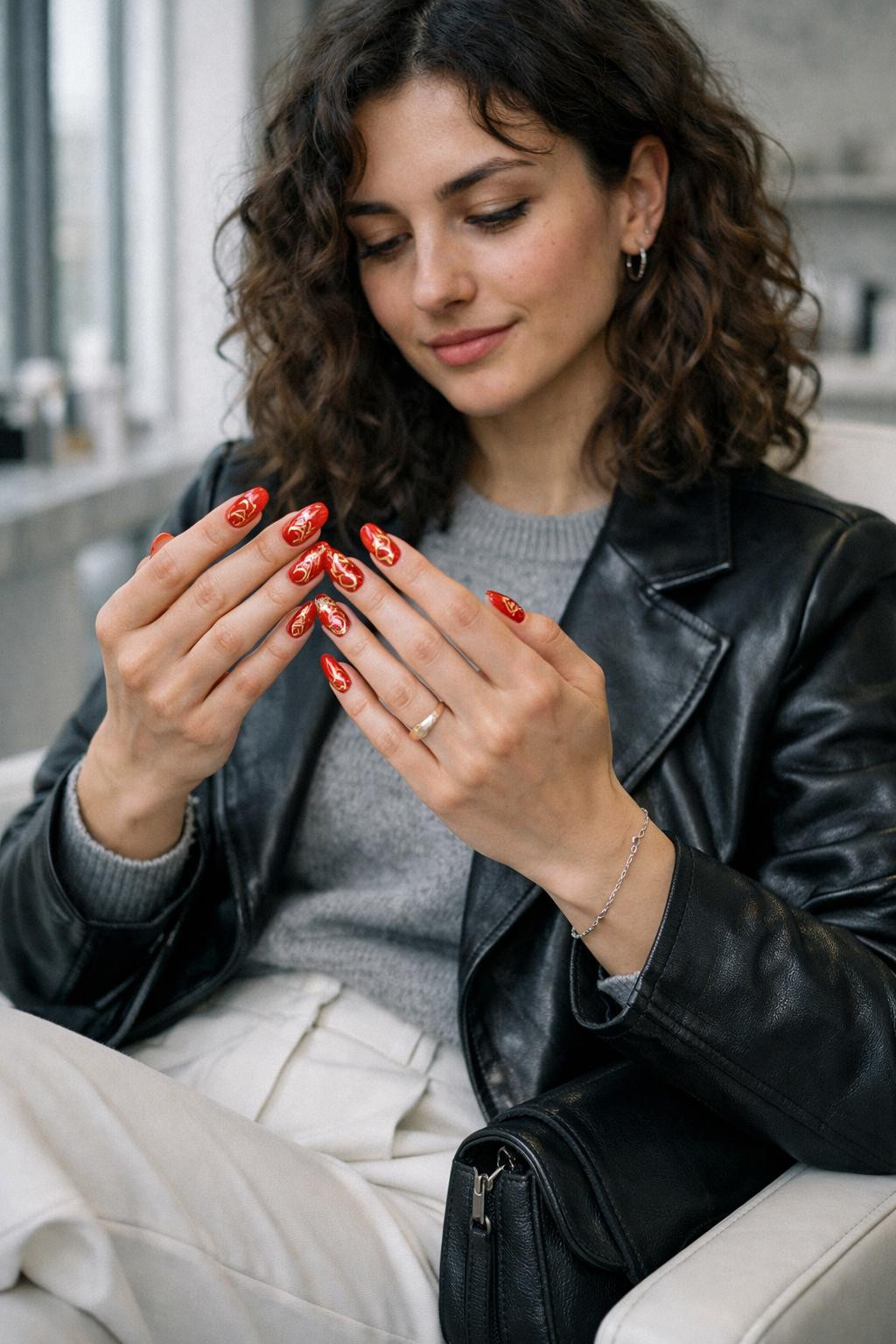 Chinese New Year nails featuring luxe crimson gel with gold dragons