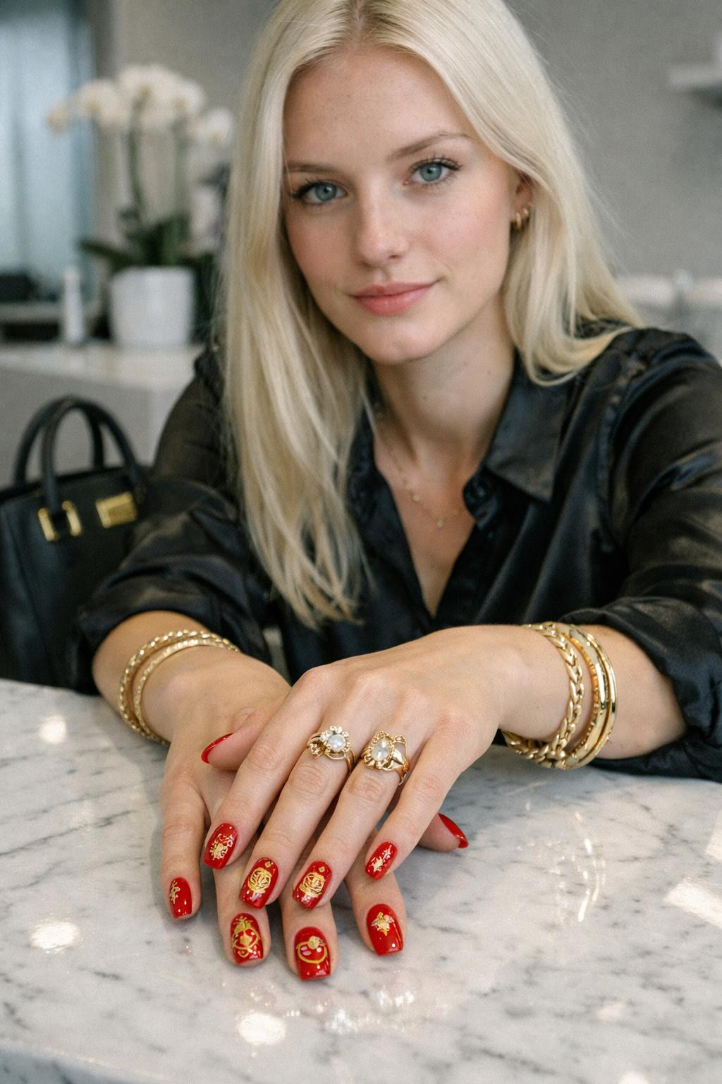 Chinese New Year nails featuring chic crimson and gold nail art