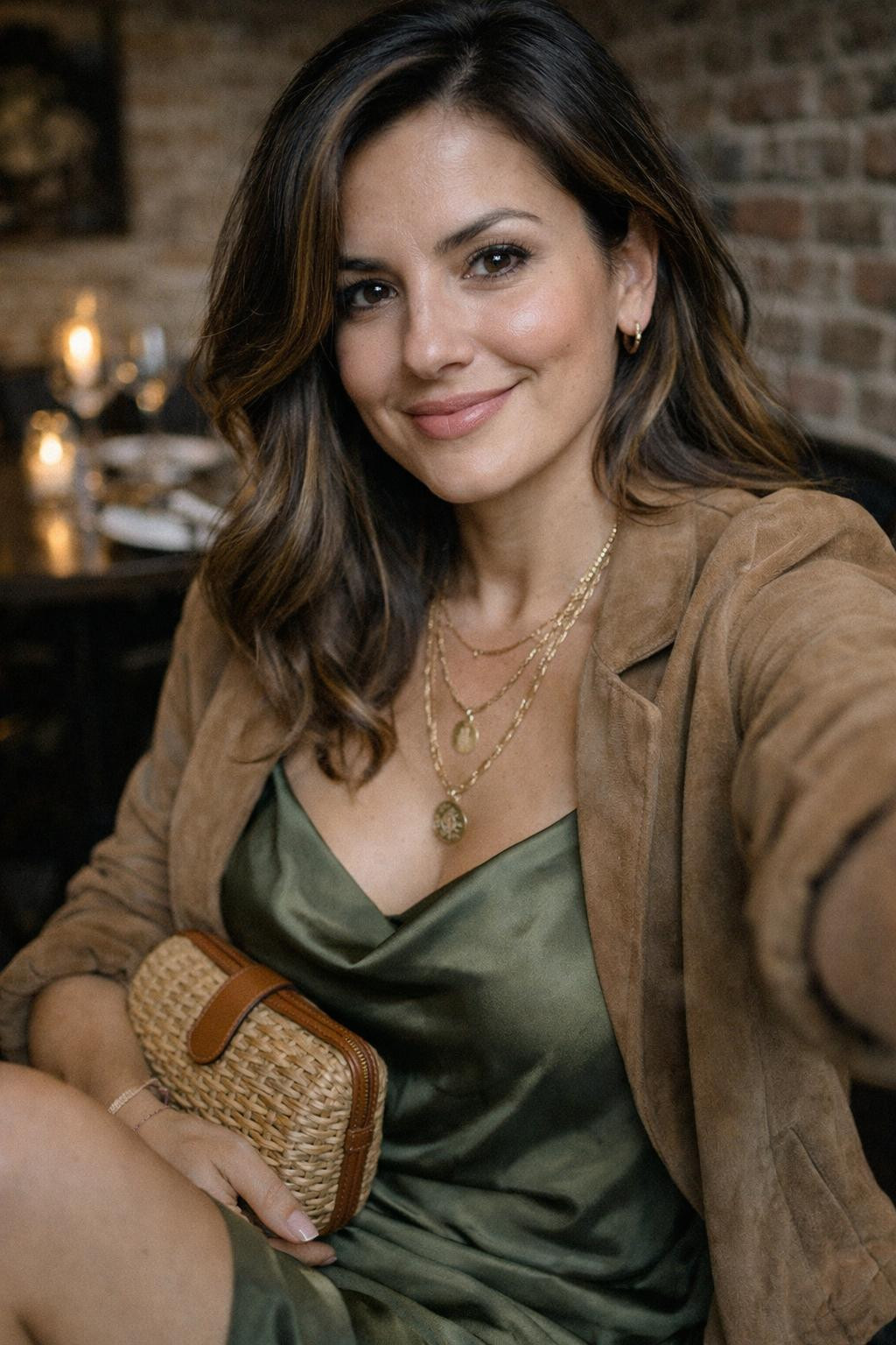 Date night outfit with olive silk slip tan suede jacket and woven basket bag