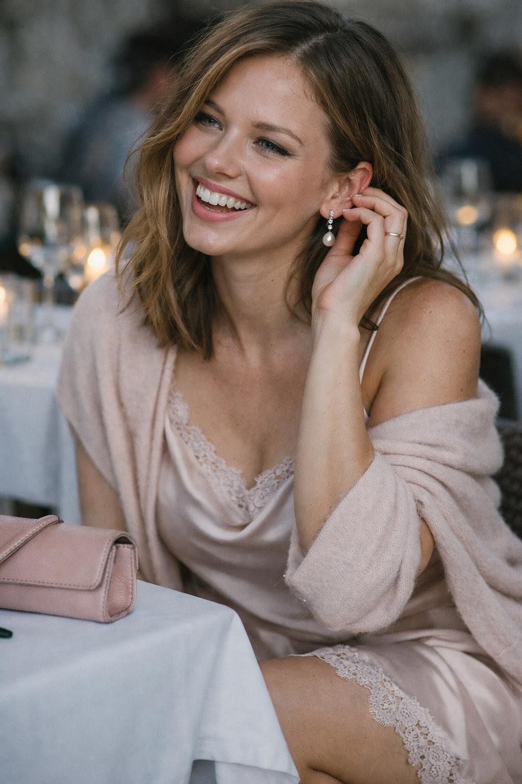 Date night outfit with romantic blush silk slip dress and lace trim