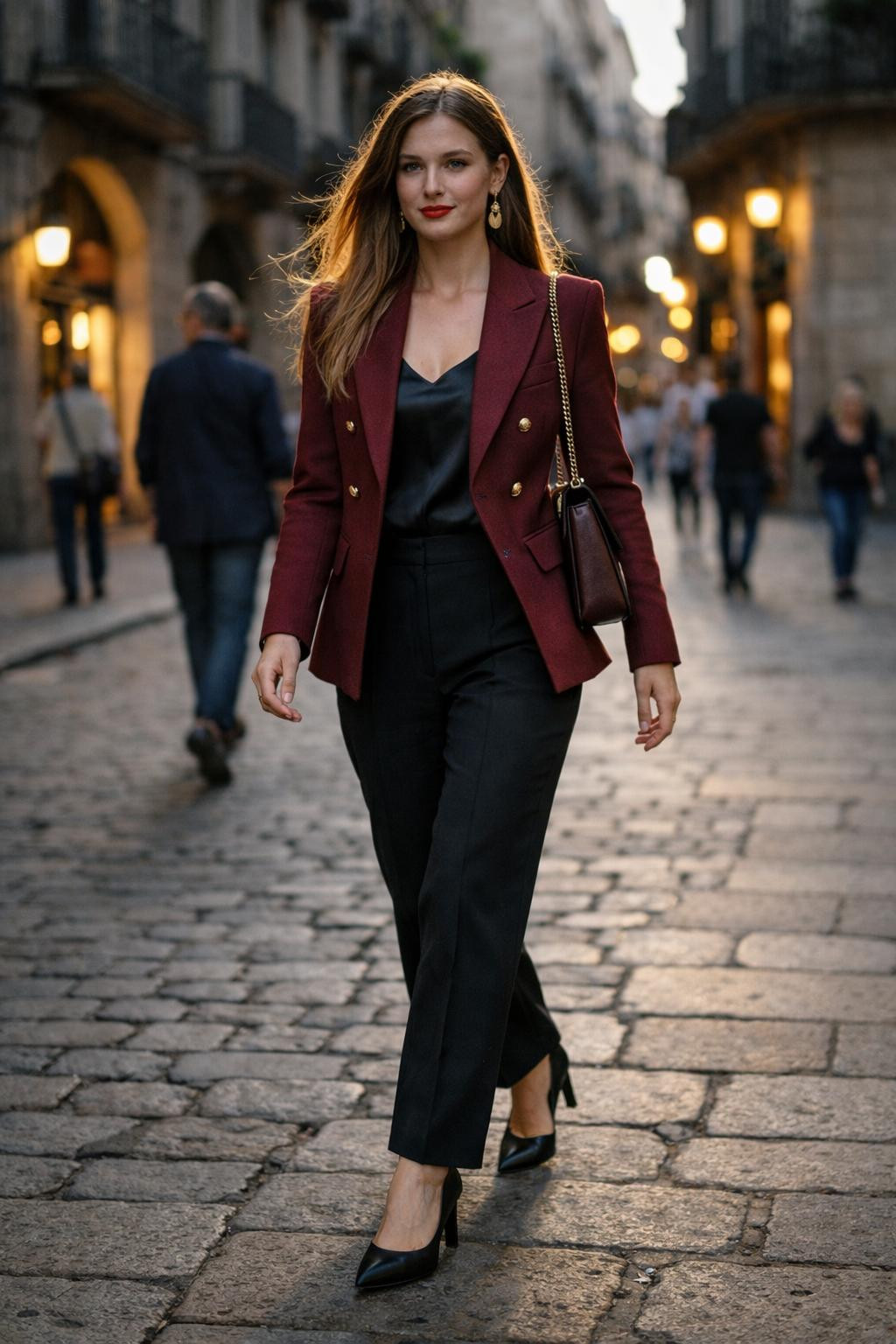 First date outfit with burgundy wool blazer and black tailored trousers