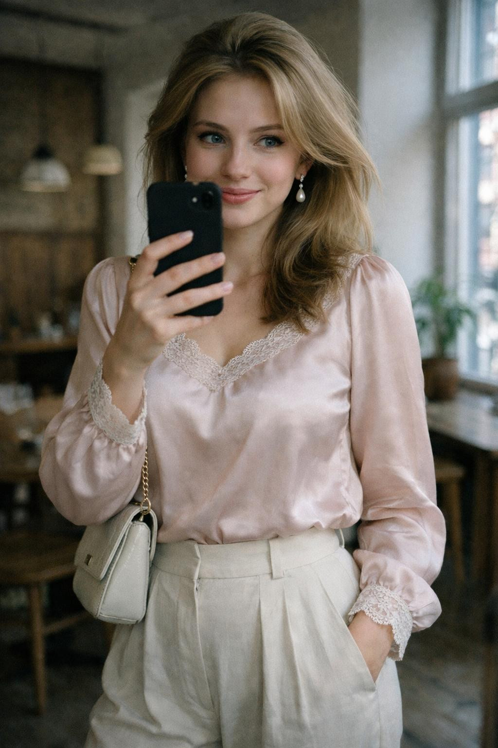 First date outfit with blush pink silk blouse and cream wide-leg trousers