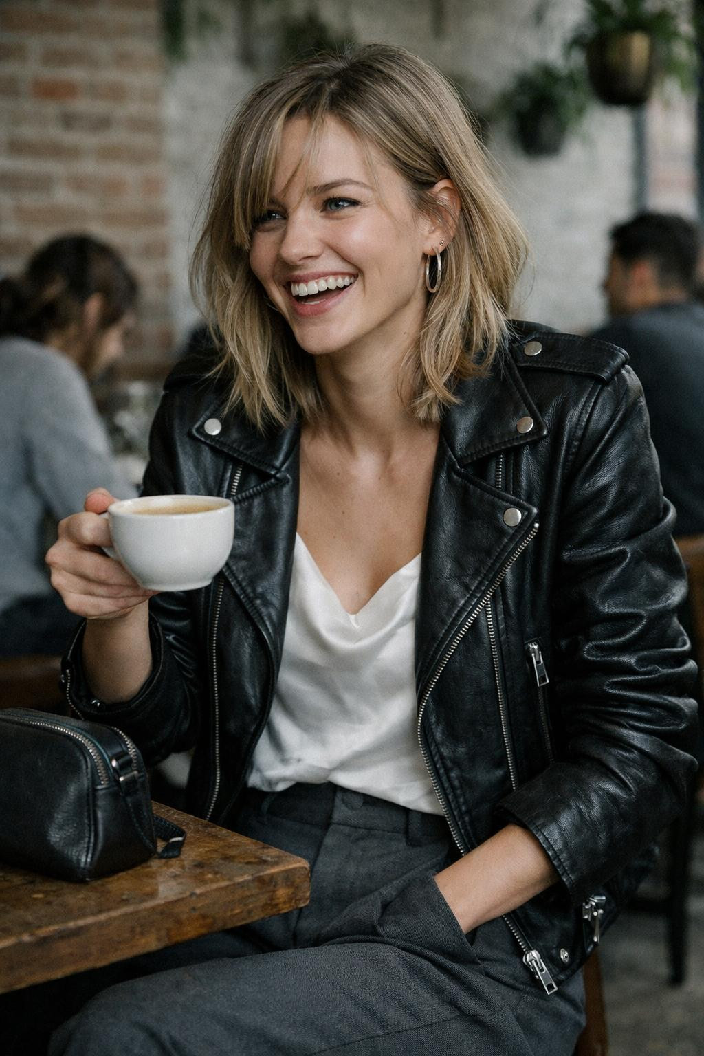 First date outfit with black leather moto jacket and tailored grey trousers