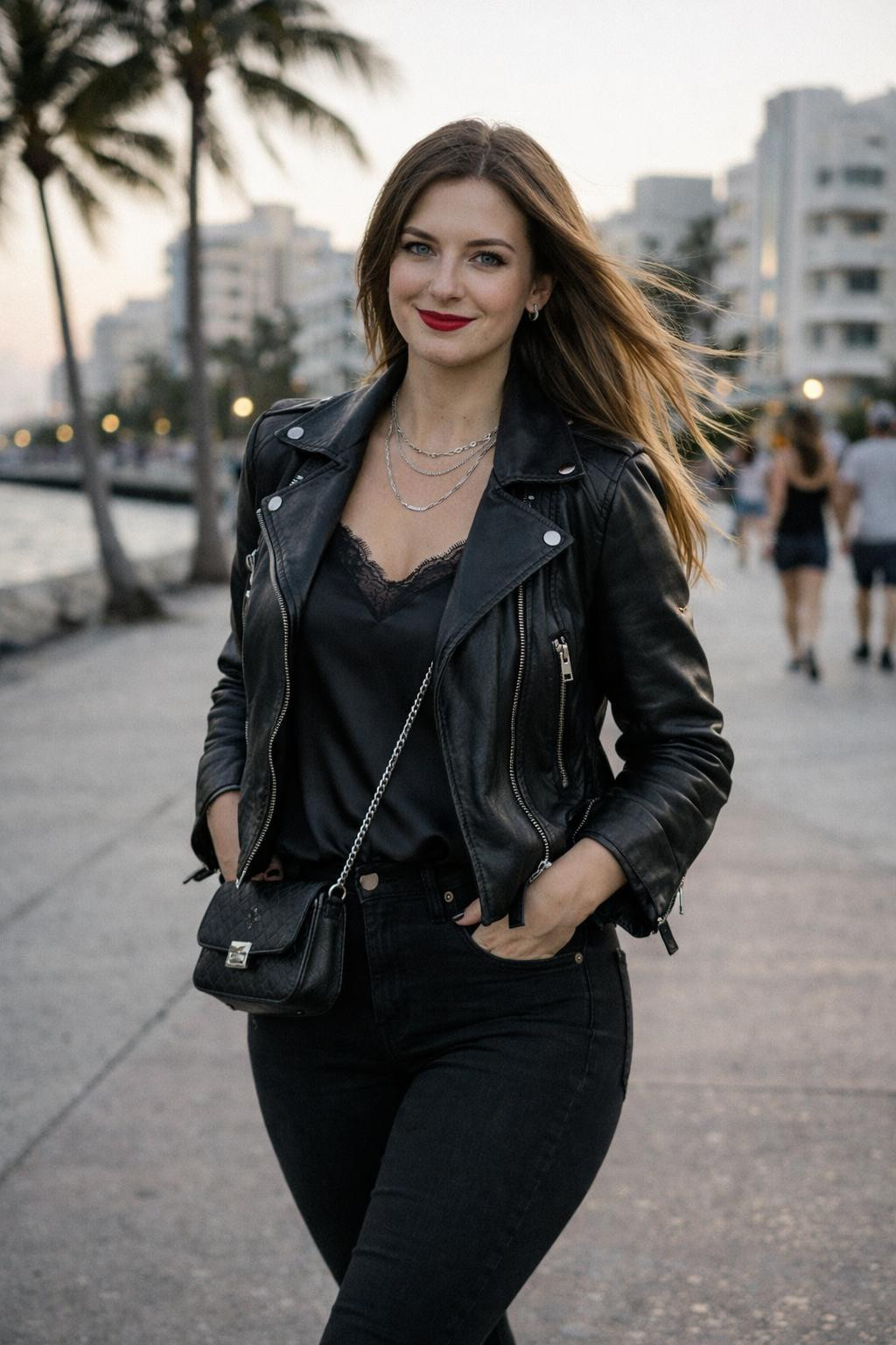 First date outfit with black leather moto jacket and skinny jeans