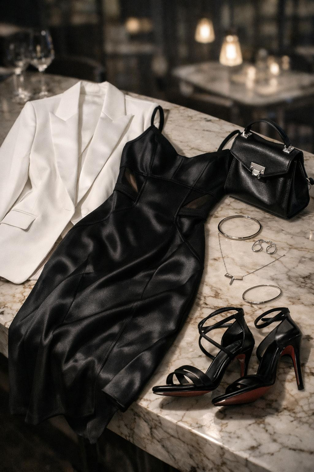 Dinner date outfit featuring black dress with white blazer
