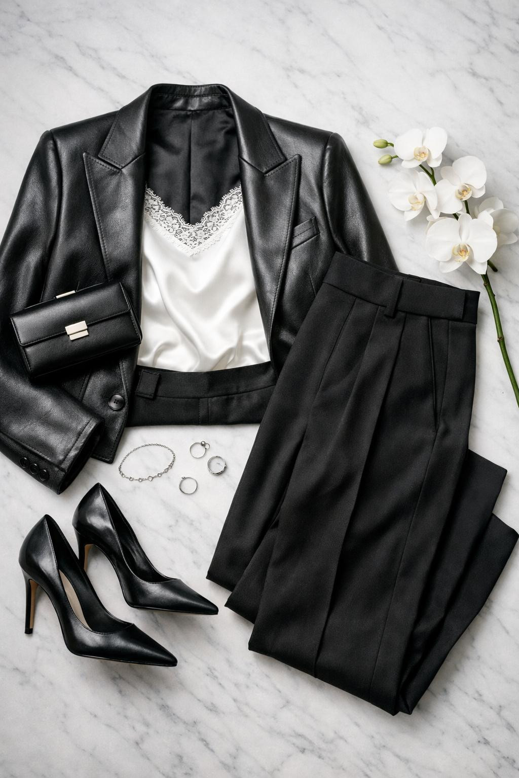 Dinner date outfit with black blazer and silk camisole