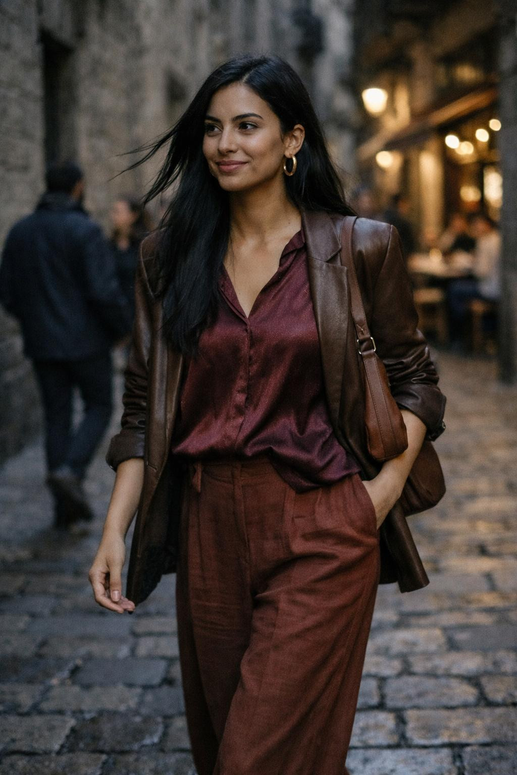 Dinner date outfit featuring burgundy blouse and wide-leg pants