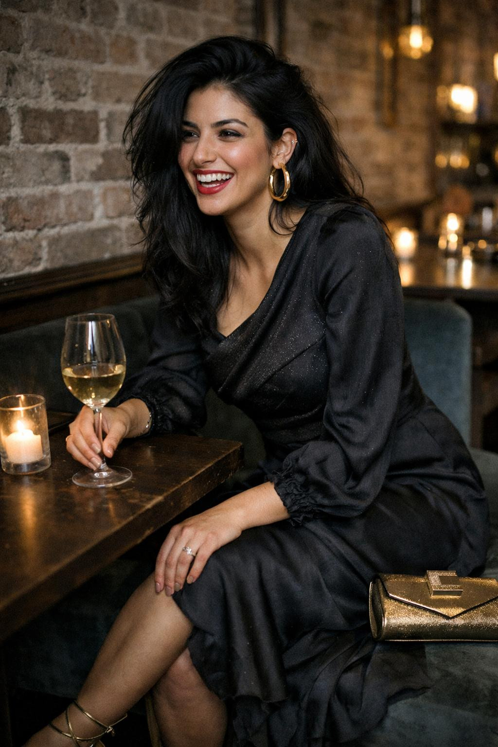 Dinner date outfit with black satin dress and textured layers
