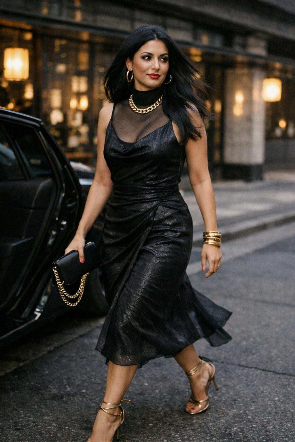 Dinner date outfit featuring black dress with metallic details