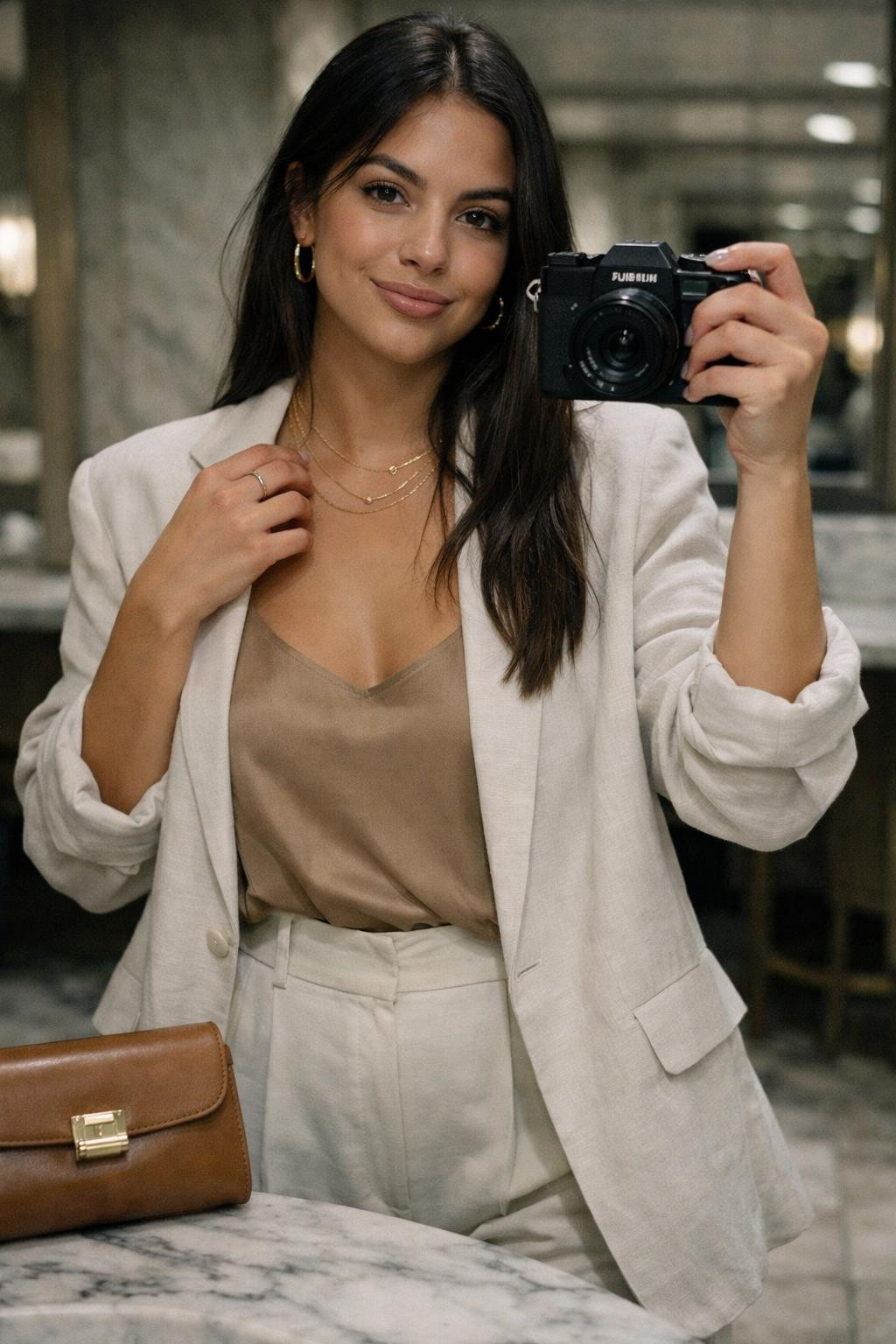 Dinner date outfit with oversized blazer and silk camisole