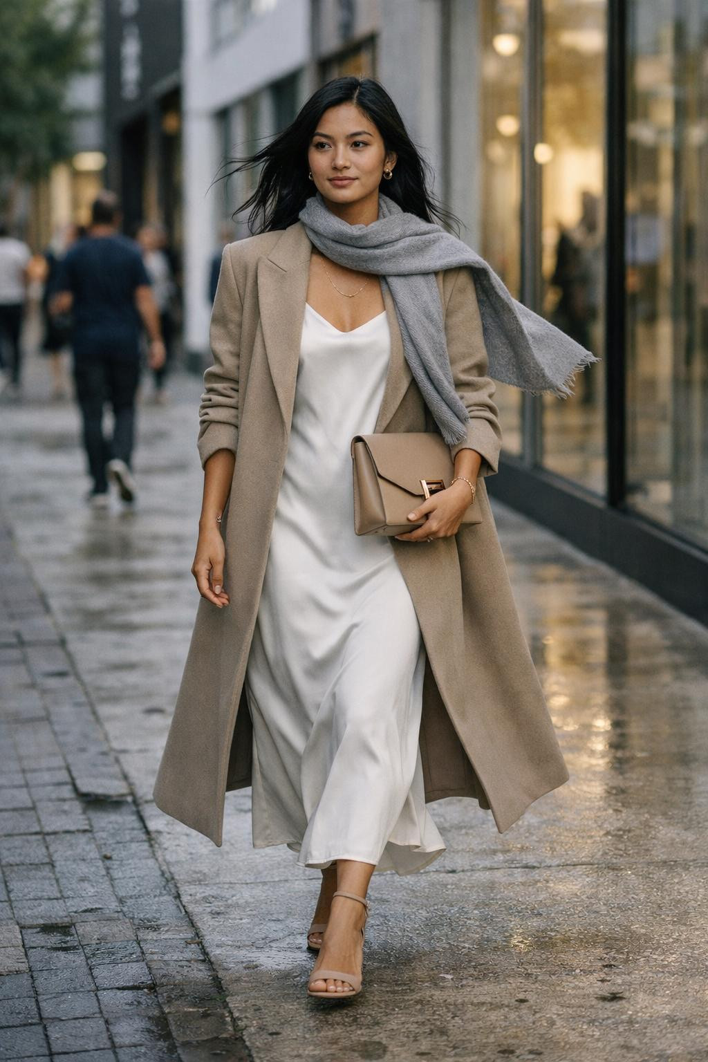 Dinner date outfit featuring white dress and beige wool coat
