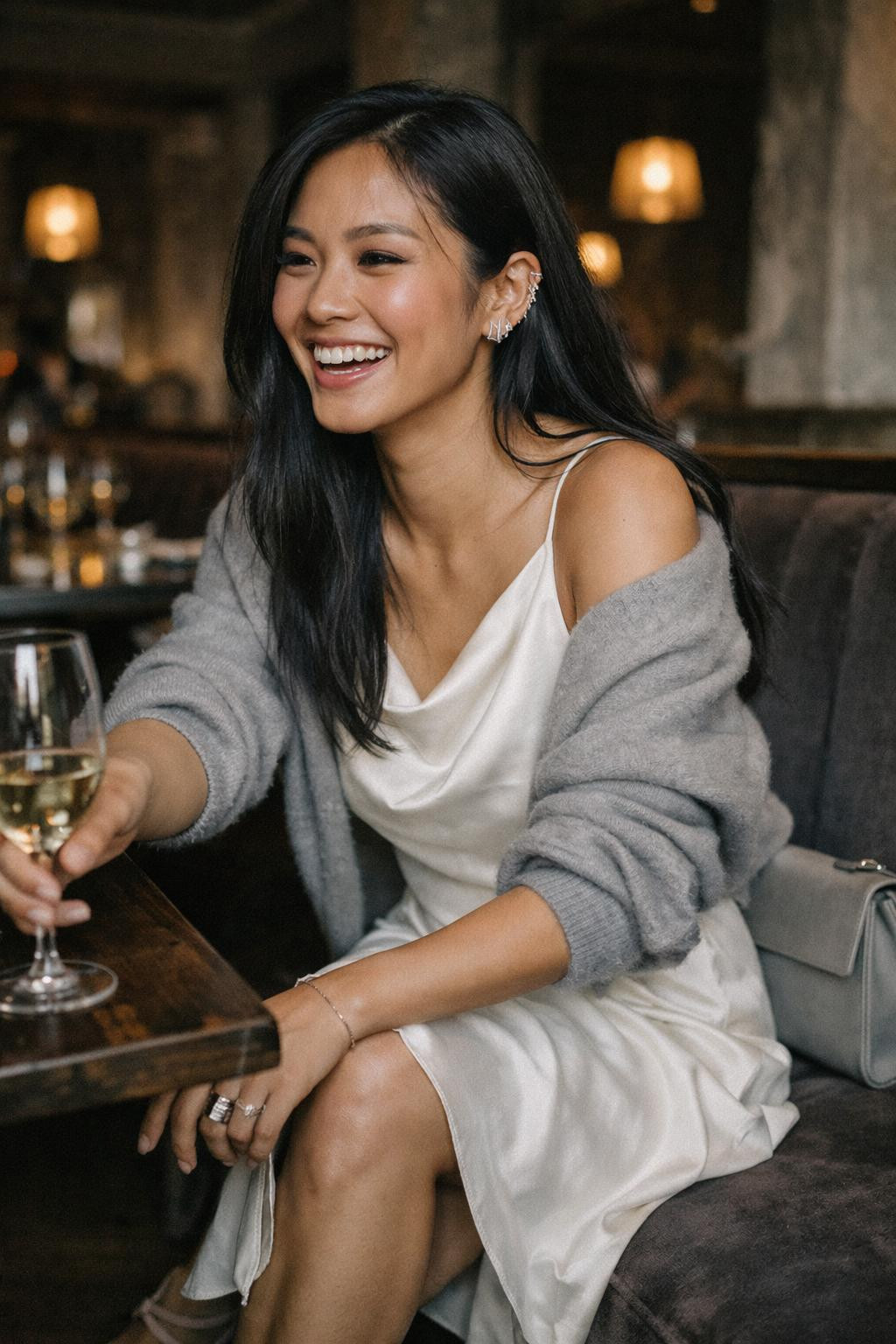 Dinner date outfit with layered slip dress and cardigan