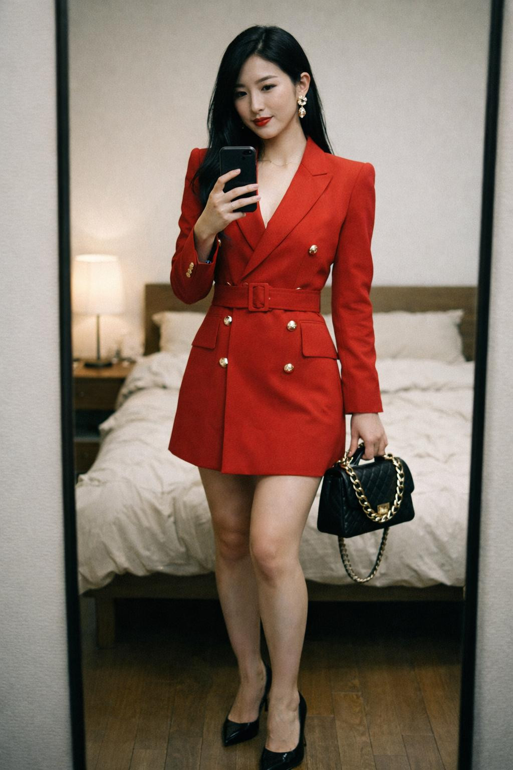 Dinner date outfit featuring structured red blazer dress