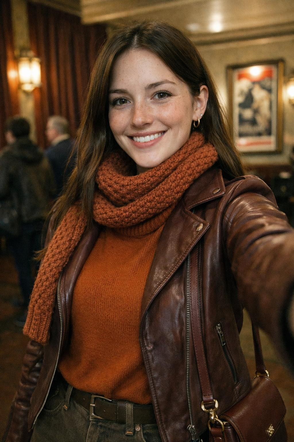 Movie date outfit with rust cashmere turtleneck and burgundy leather jacket