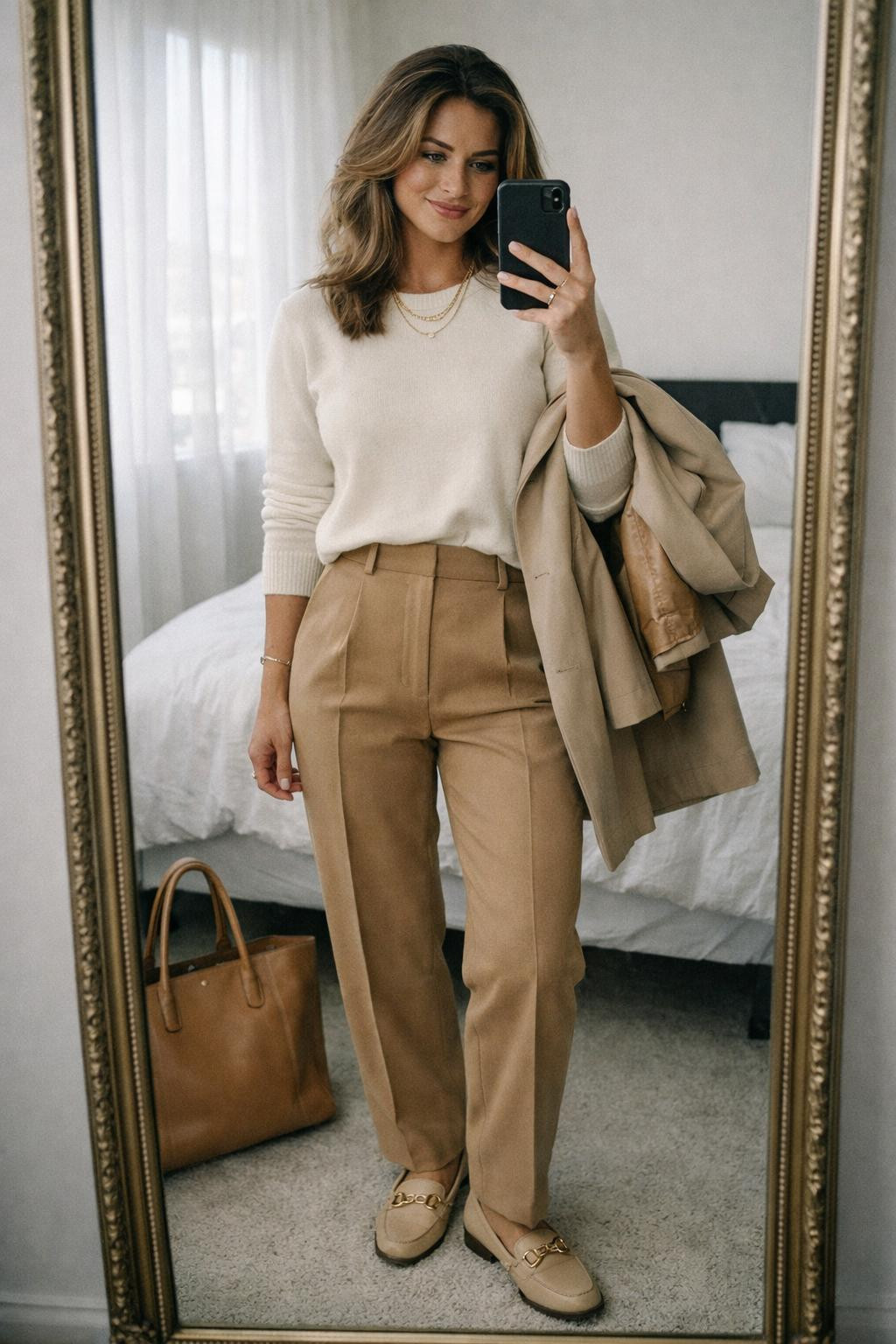 Movie date outfit with cream cashmere sweater and camel trousers
