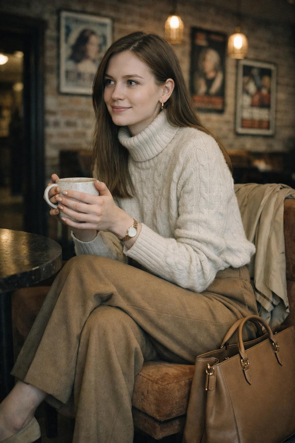 Movie date outfit with cream cashmere turtleneck and camel trousers