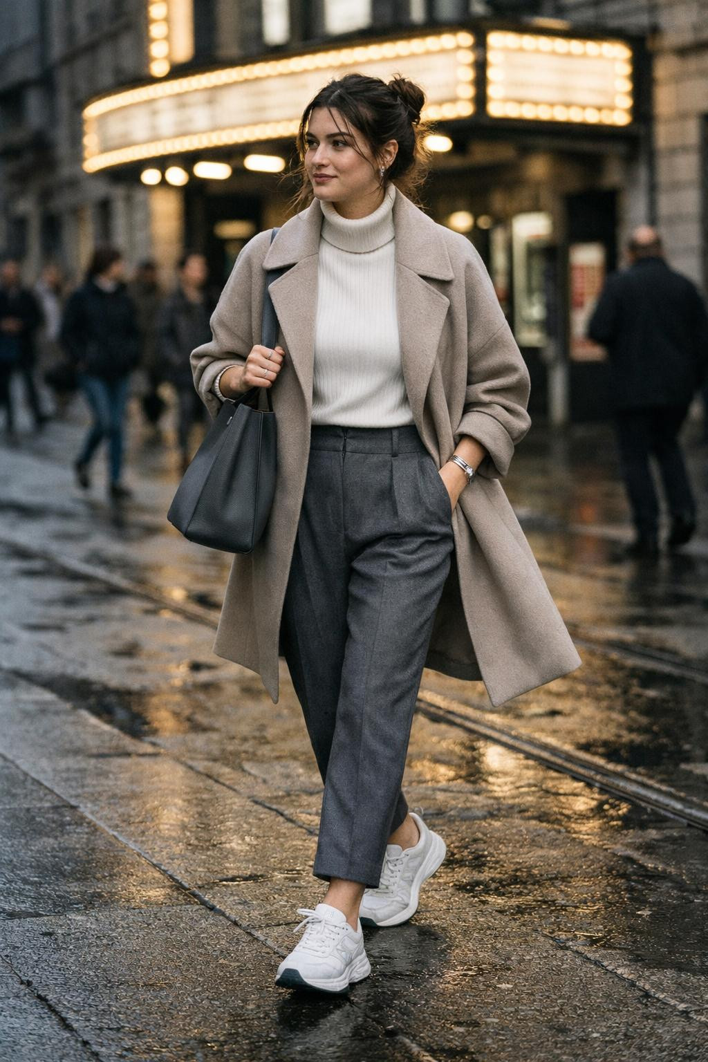 Movie date outfit with white turtleneck and grey tailored trousers