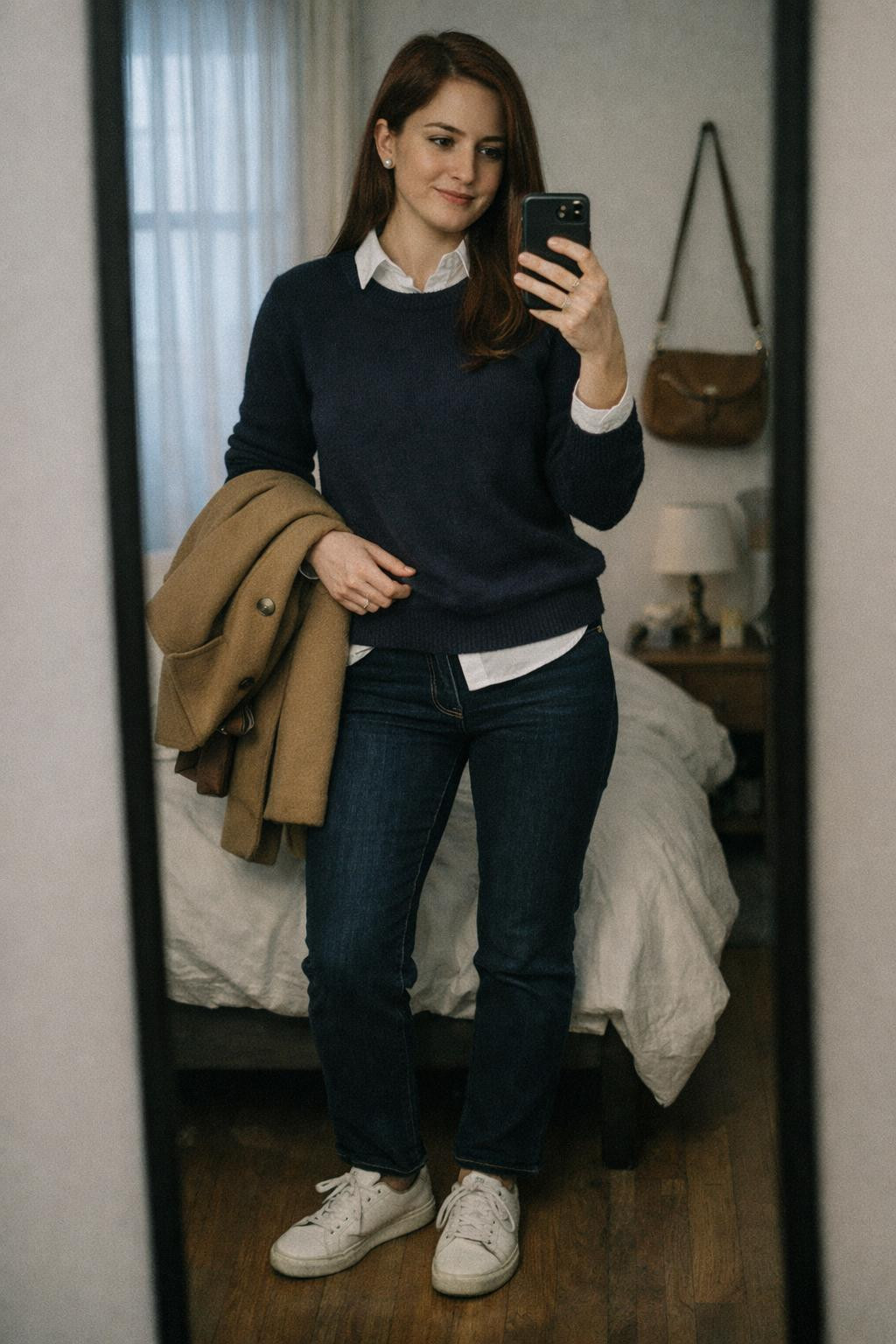 Movie date outfit with navy cashmere sweater and white collared shirt