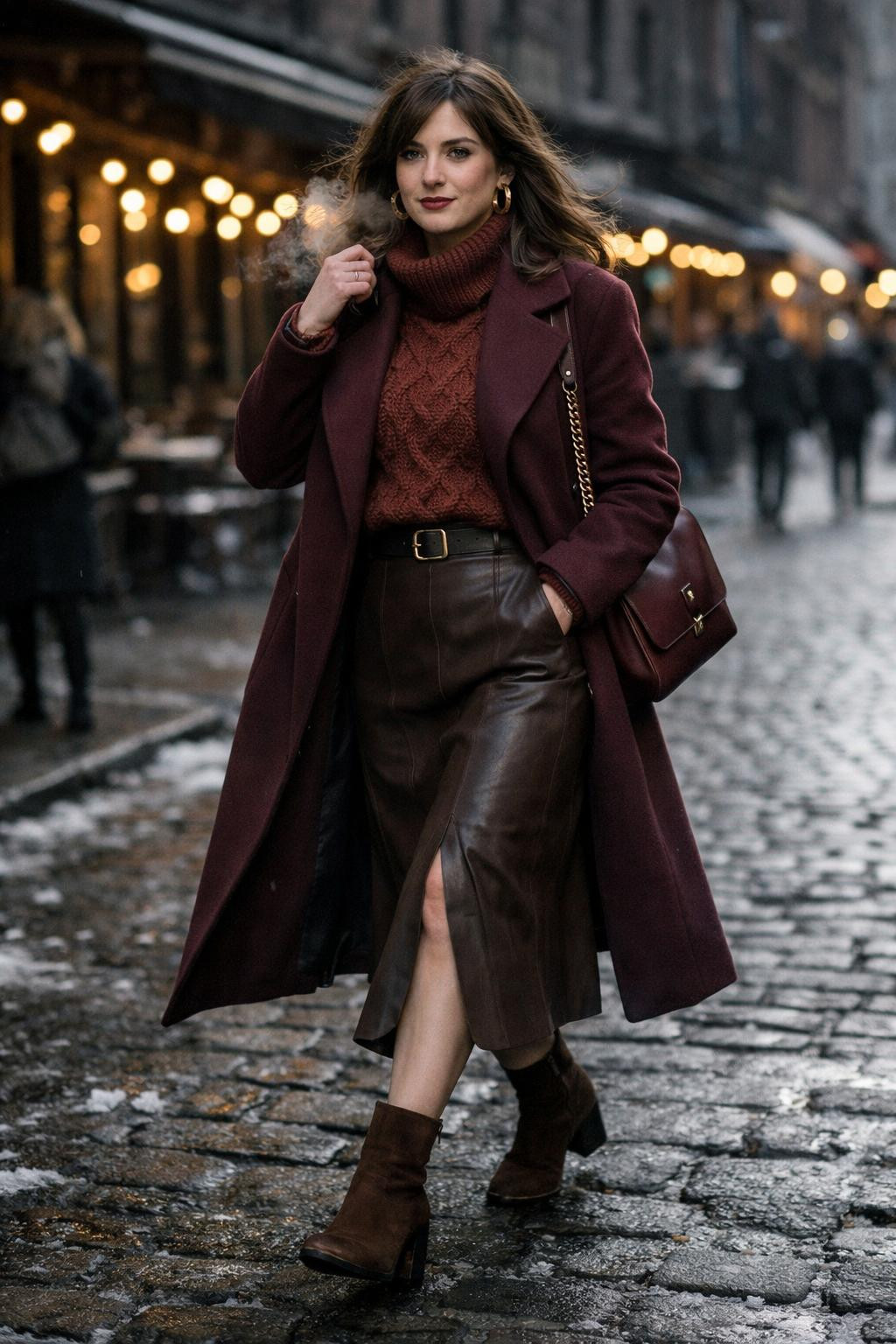Winter date night outfit with burgundy wool coat and brown leather midi skirt