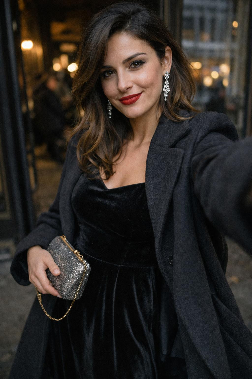 Winter date night outfit with black velvet midi dress and charcoal coat