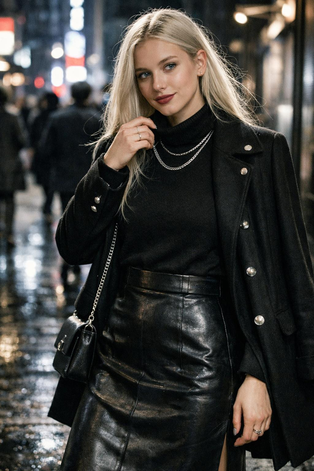 Winter date night outfit with black leather skirt and silver chain details