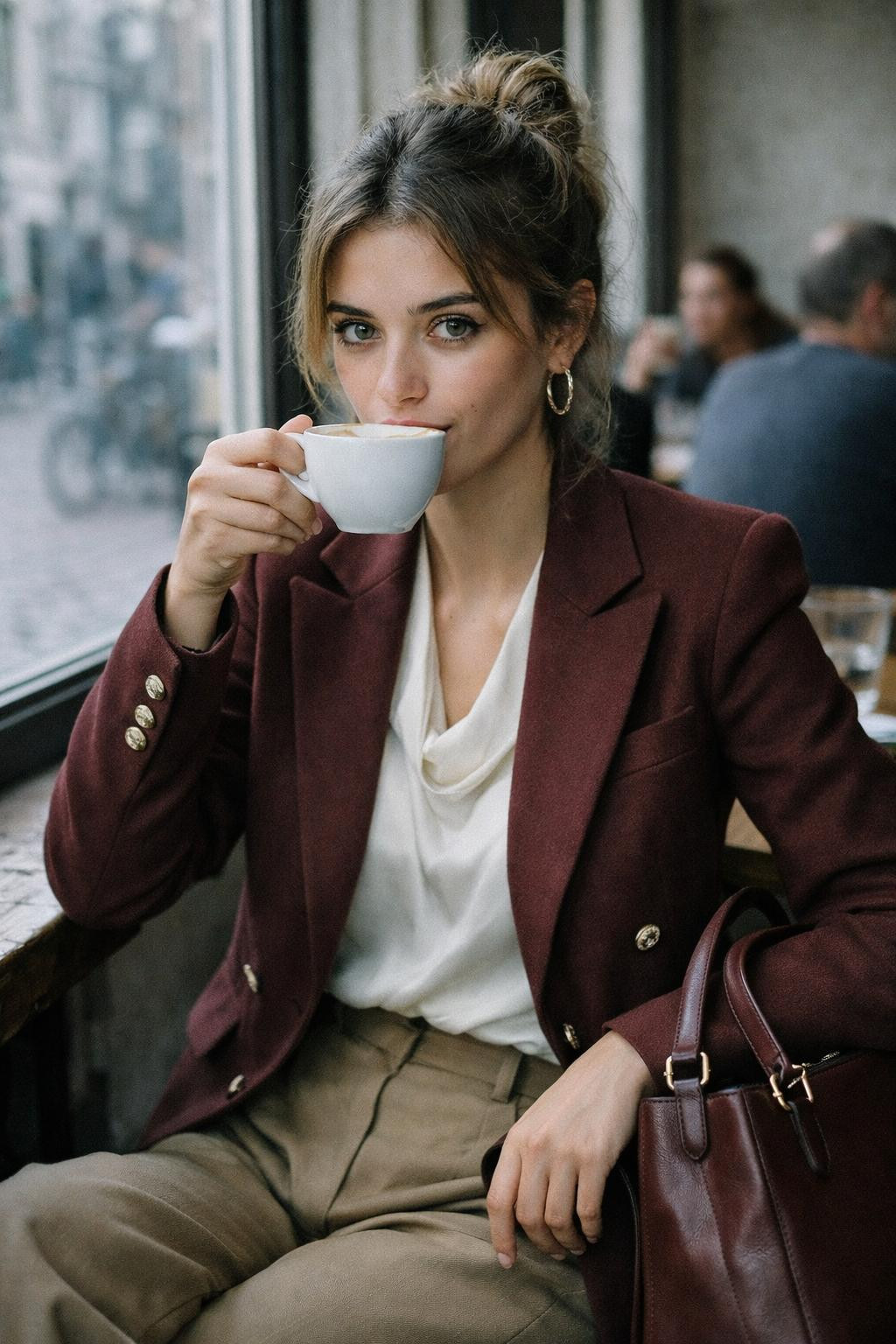 Coffee date outfit ideas with tailored burgundy blazer and camel trousers