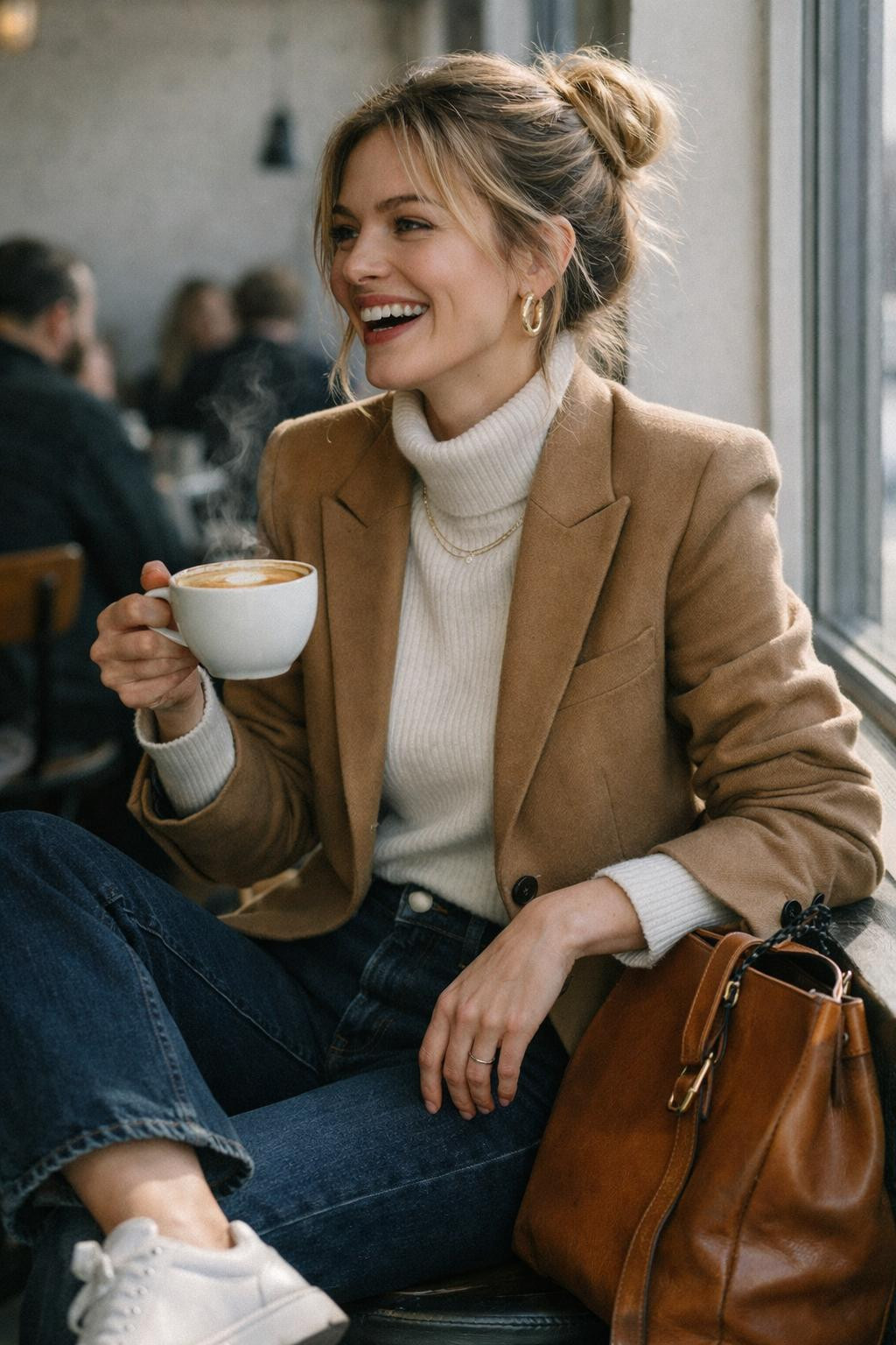 Coffee date outfit with structured camel blazer and indigo denim