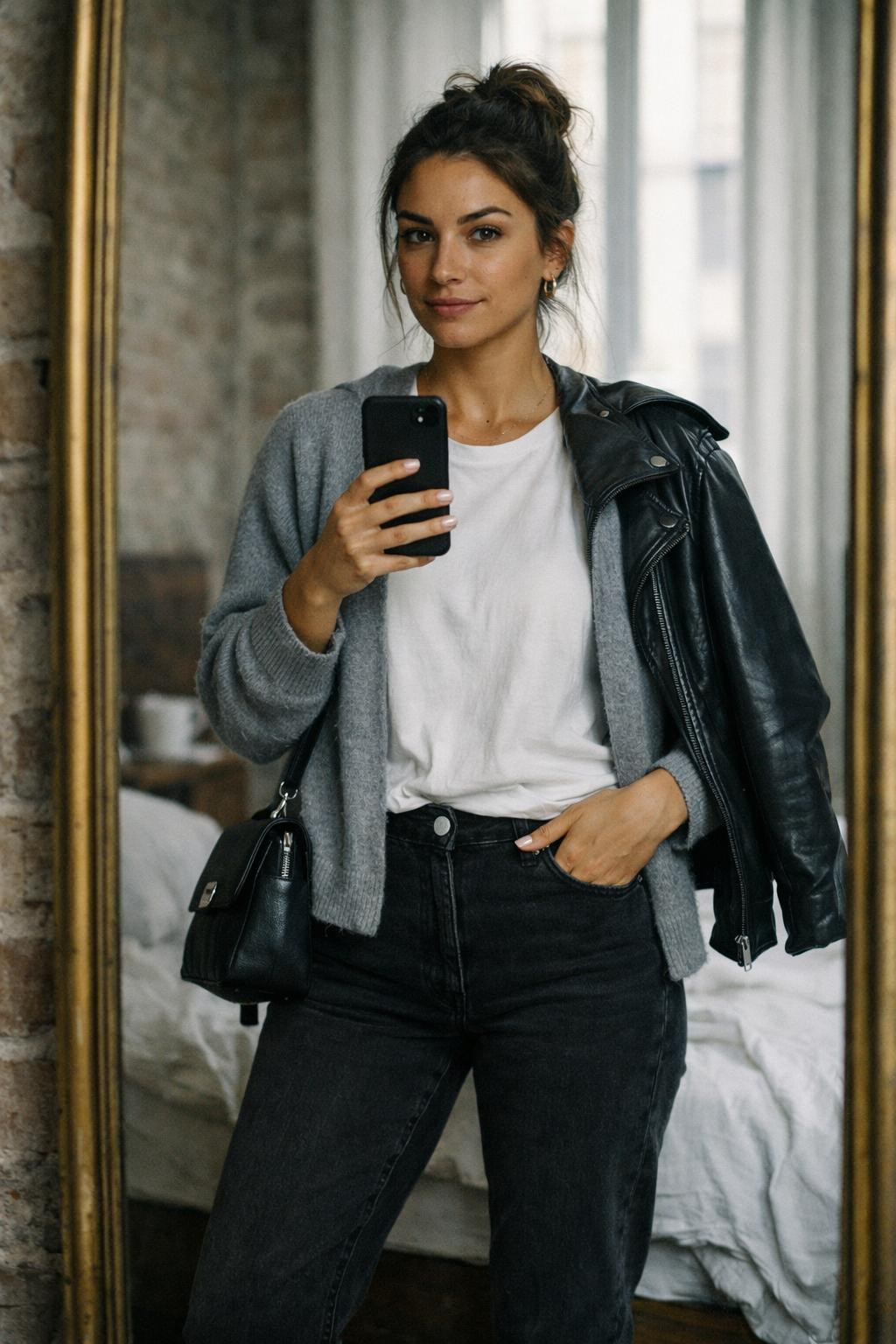 Casual cafe outfit with white oversized tee and black jeans