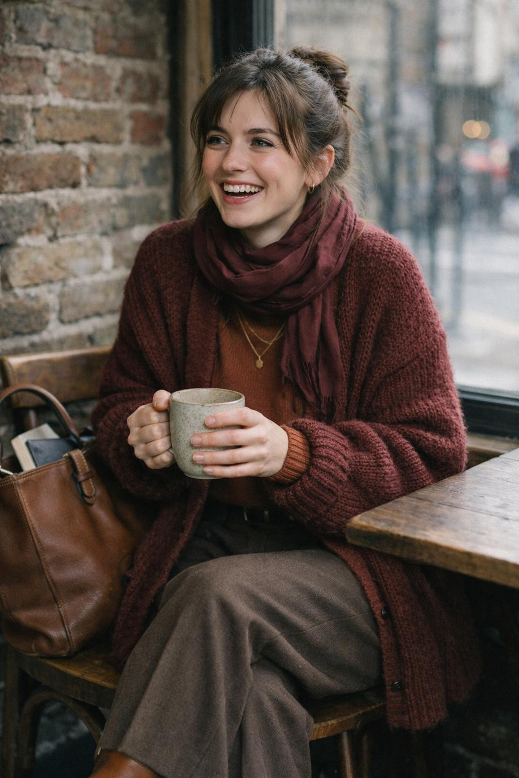 Coffee date outfit ideas with burgundy knit cardigan and brown trousers