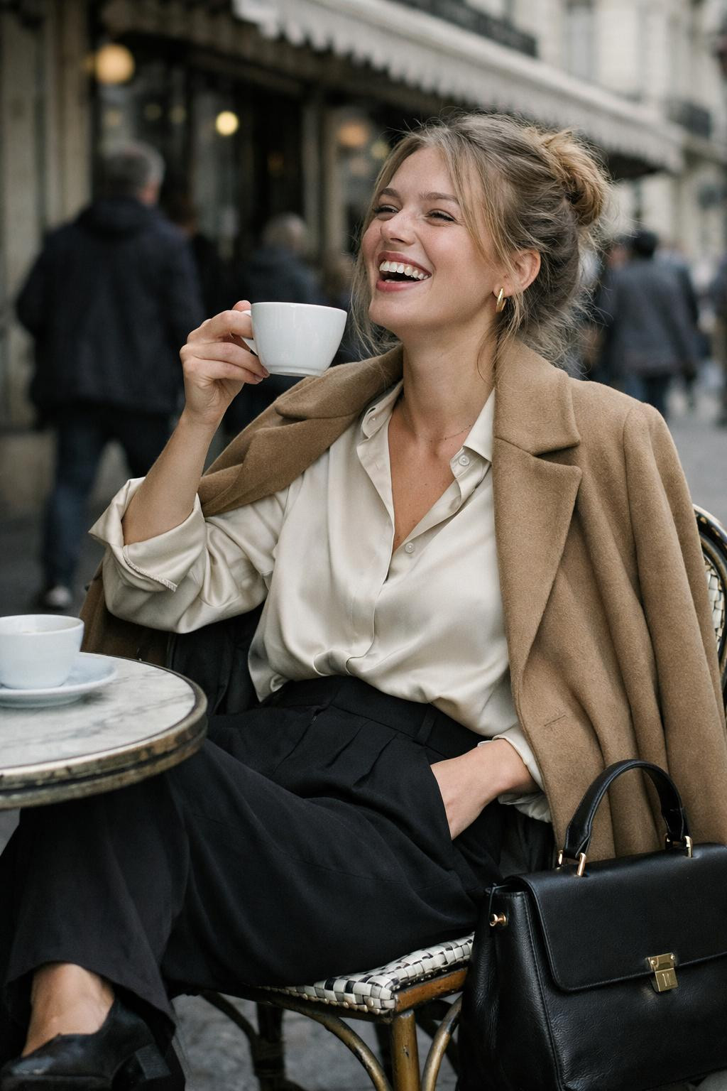 Lunch date outfit with cream silk blouse and black wide-leg trousers