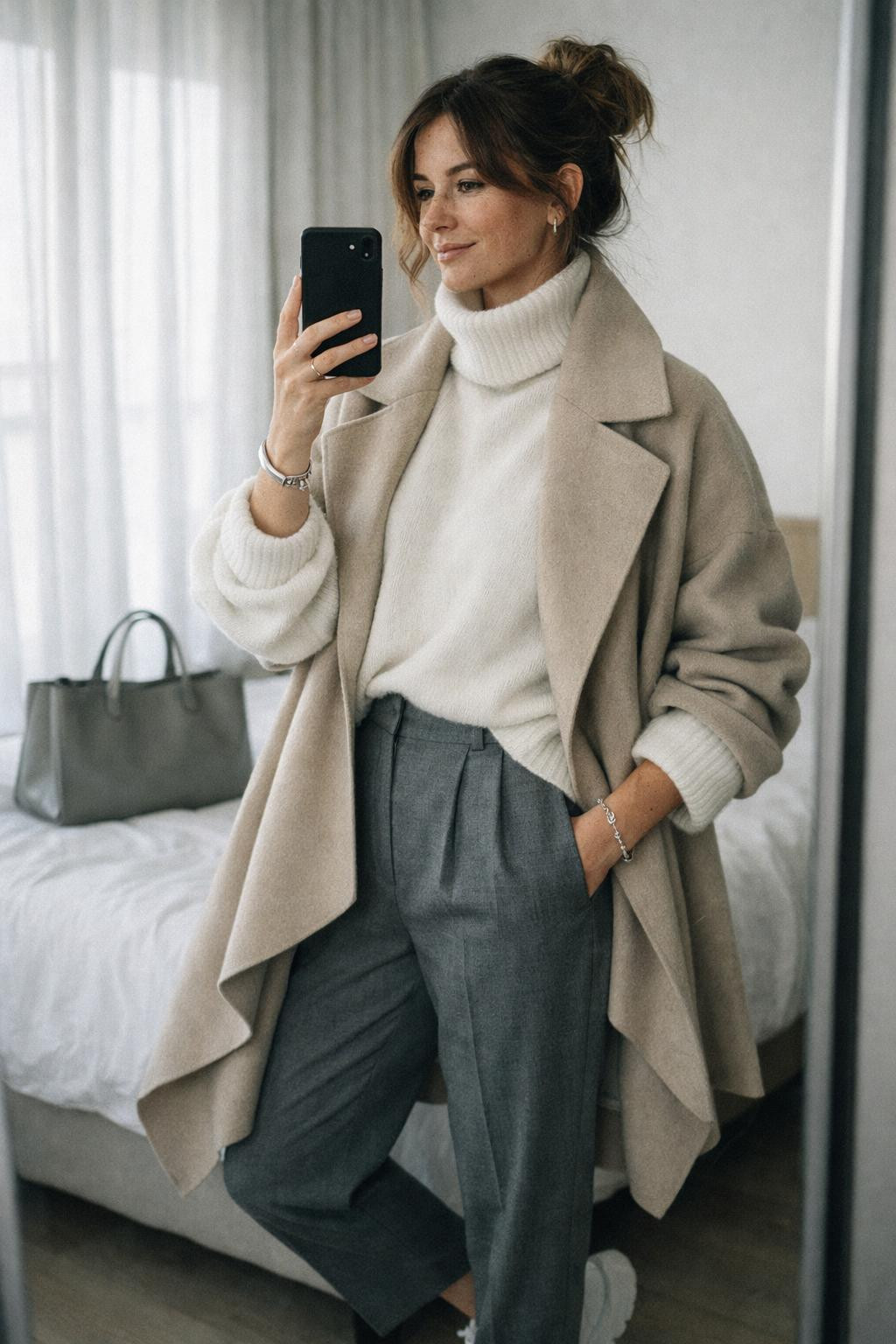 Casual cafe outfit with oversized white turtleneck