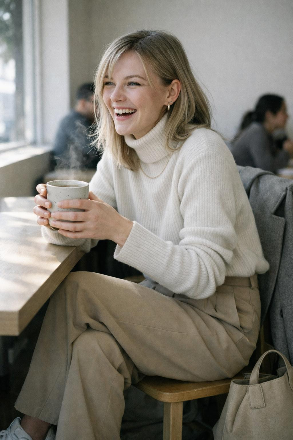 Coffee shop outfit ideas with ivory cashmere and beige trousers