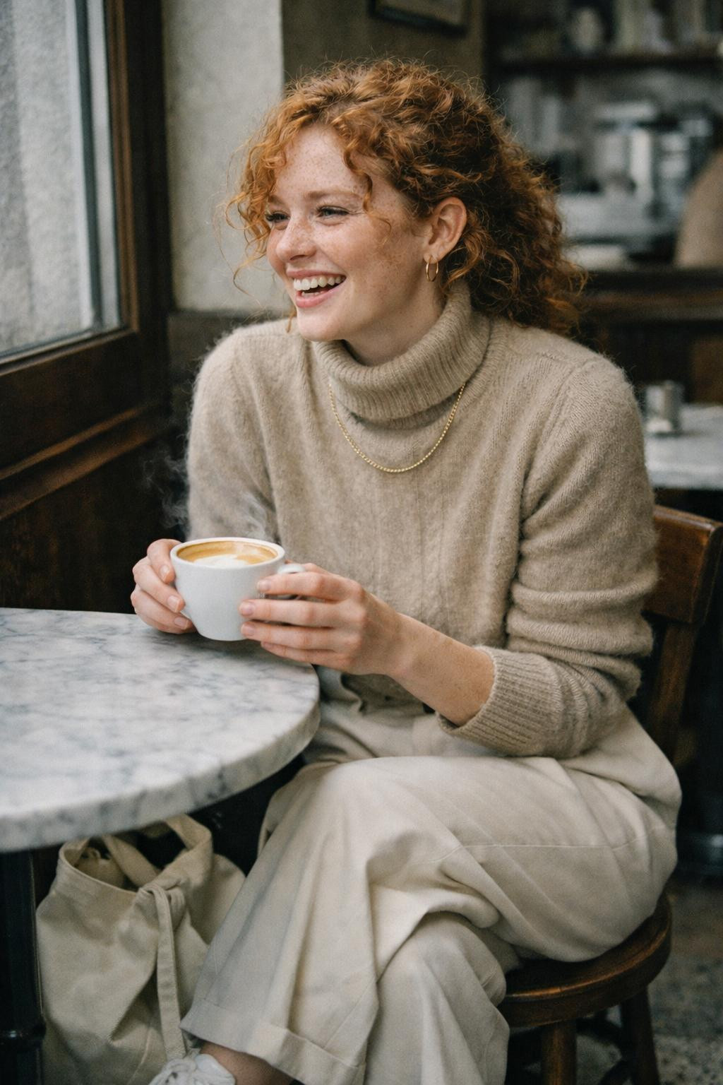 Casual coffee outfit with beige cashmere turtleneck