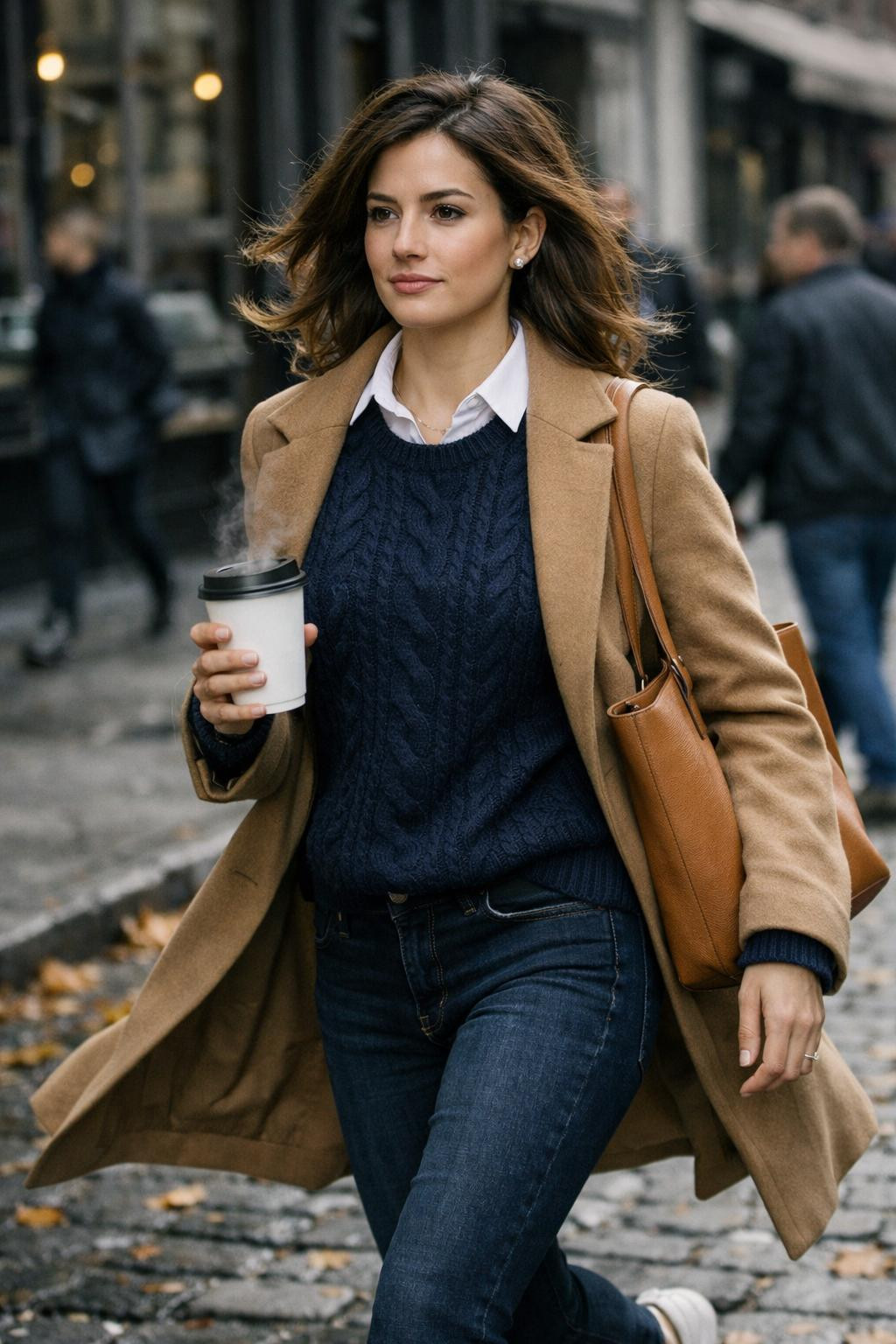 Coffee date outfit ideas featuring navy sweater and camel trench