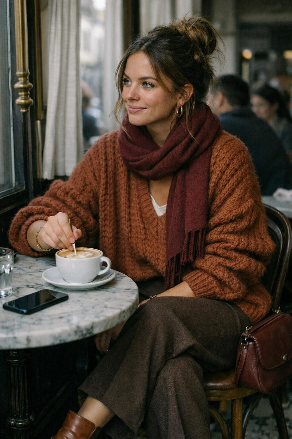 Coffee date outfit with rust cable knit sweater and brown trousers
