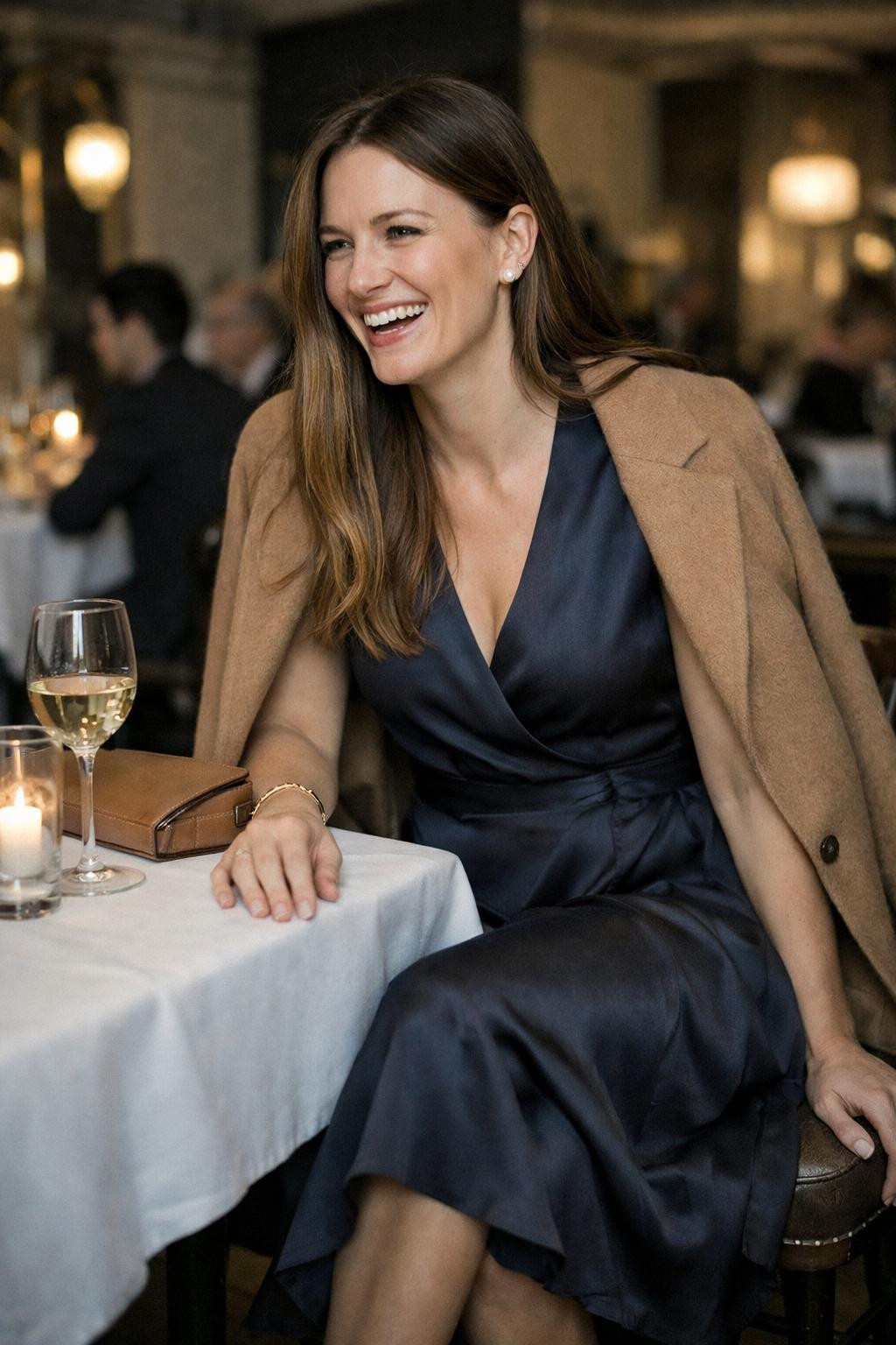 Date night outfit classy with navy silk midi dress