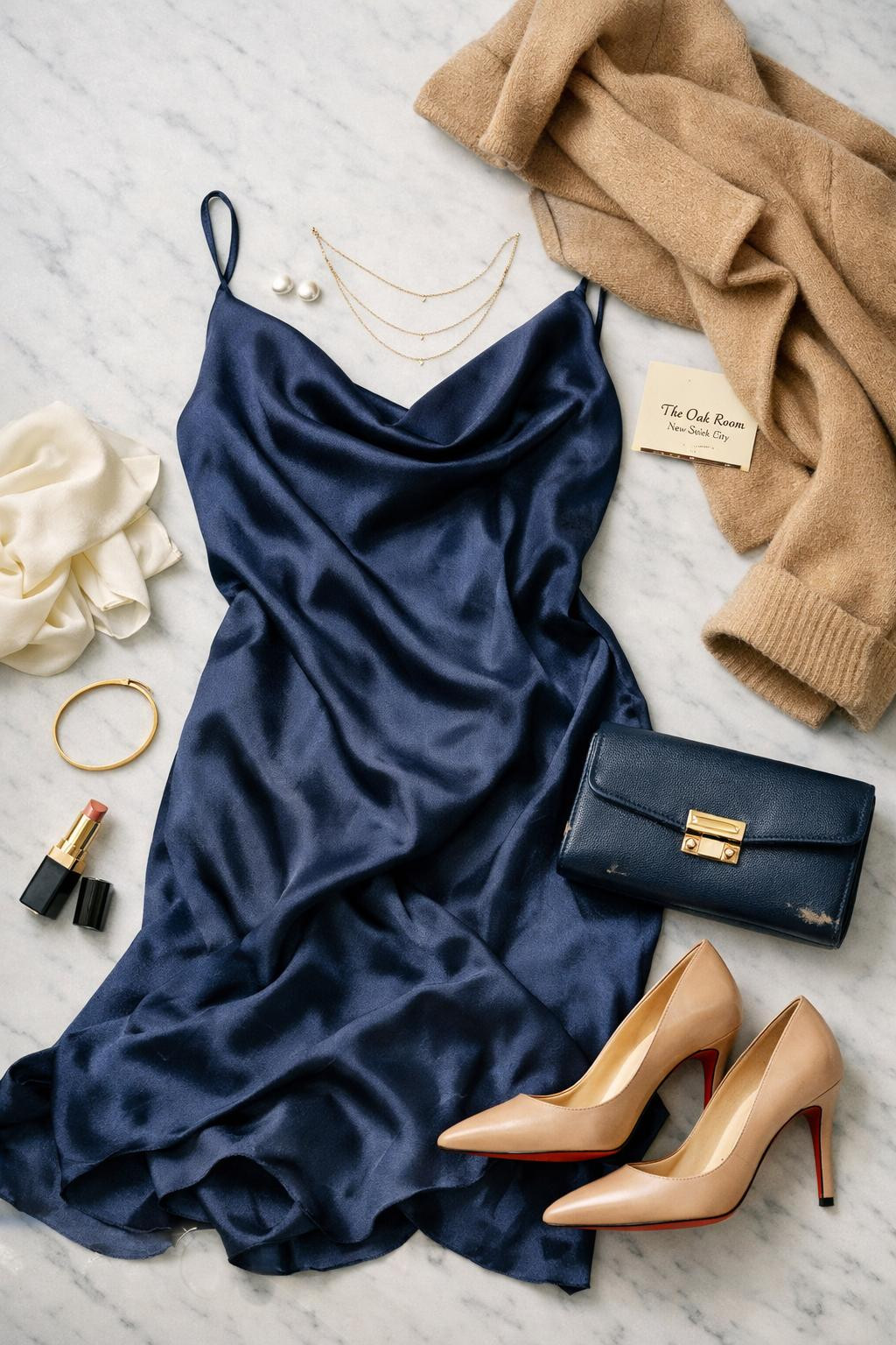 Date night outfit classy with navy silk midi dress and camel coat