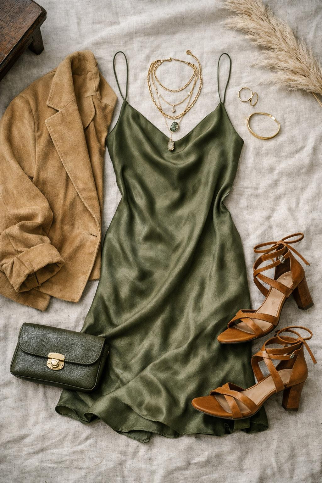 Date night outfit classy with olive silk slip dress and tan blazer