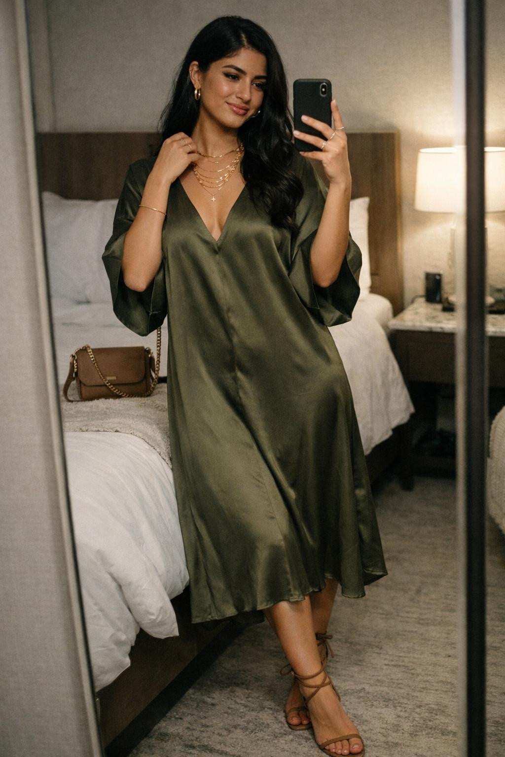 Date night outfit classy with olive silk midi dress
