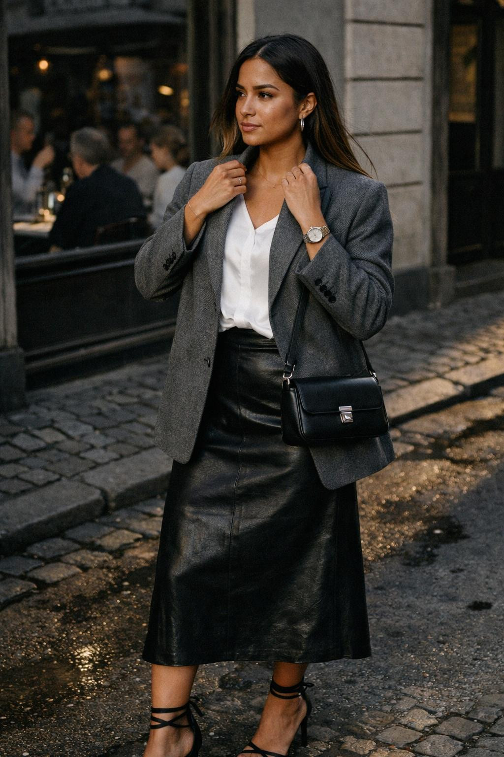 Date night outfit classy with grey blazer and leather skirt