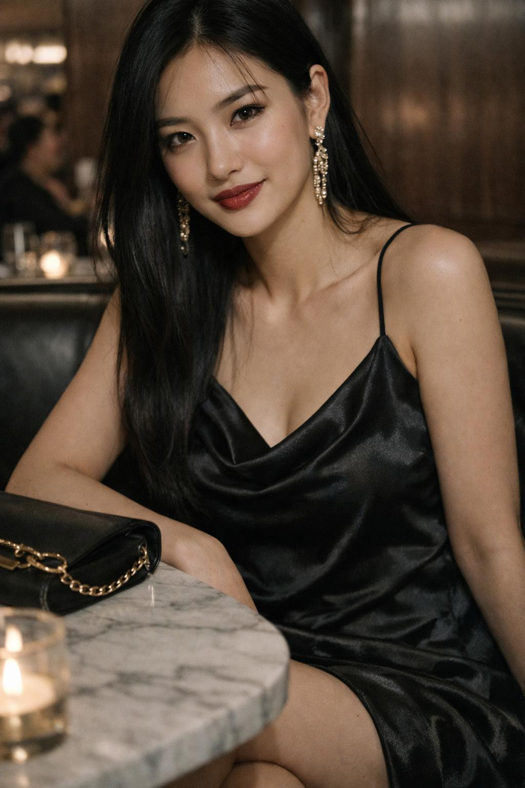 Date night outfit classy with black silk slip dress and gold accents