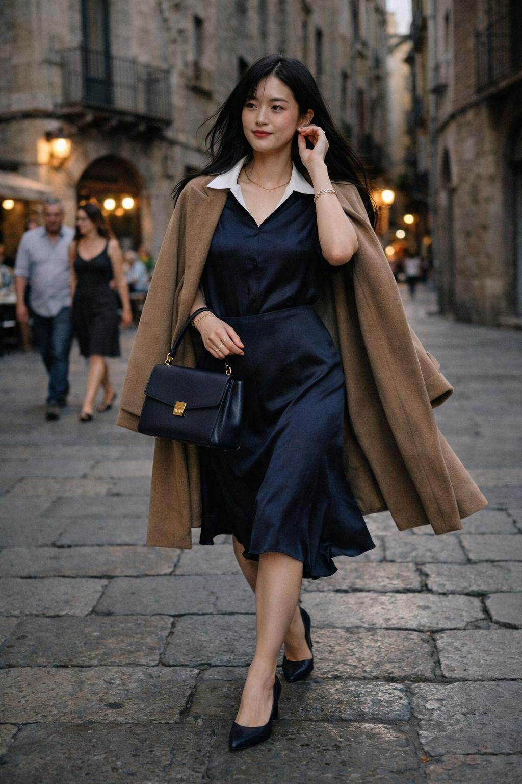 Date night outfit classy with navy silk midi dress