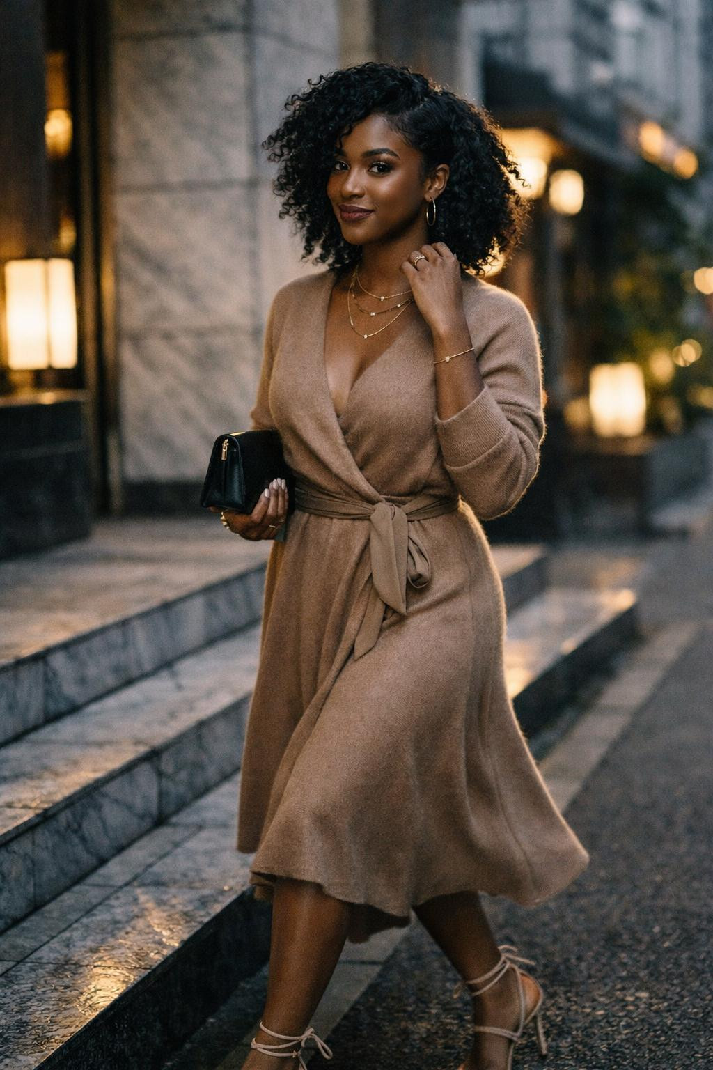 Date night outfit classy with camel cashmere wrap dress
